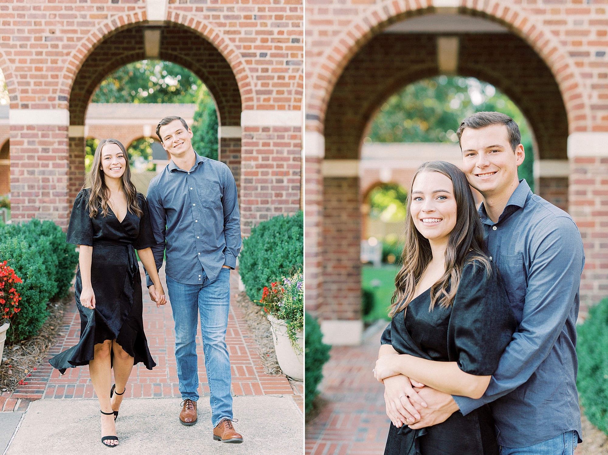 engaged couple poses by archway in Downtown Concord