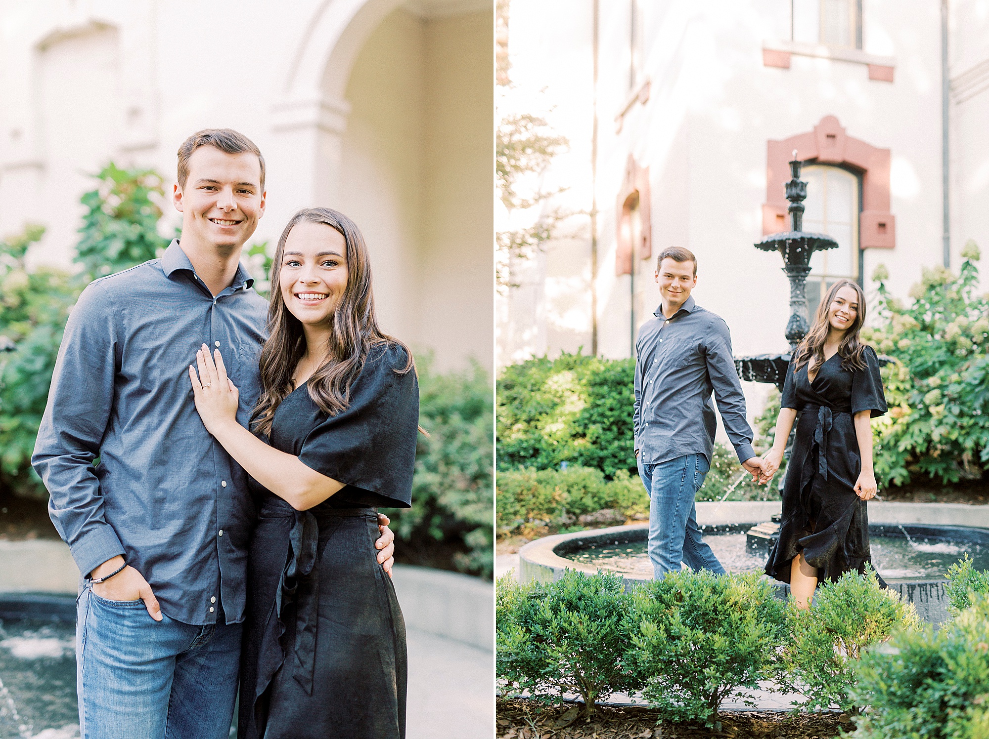 couple walks around fountain in Concord NC
