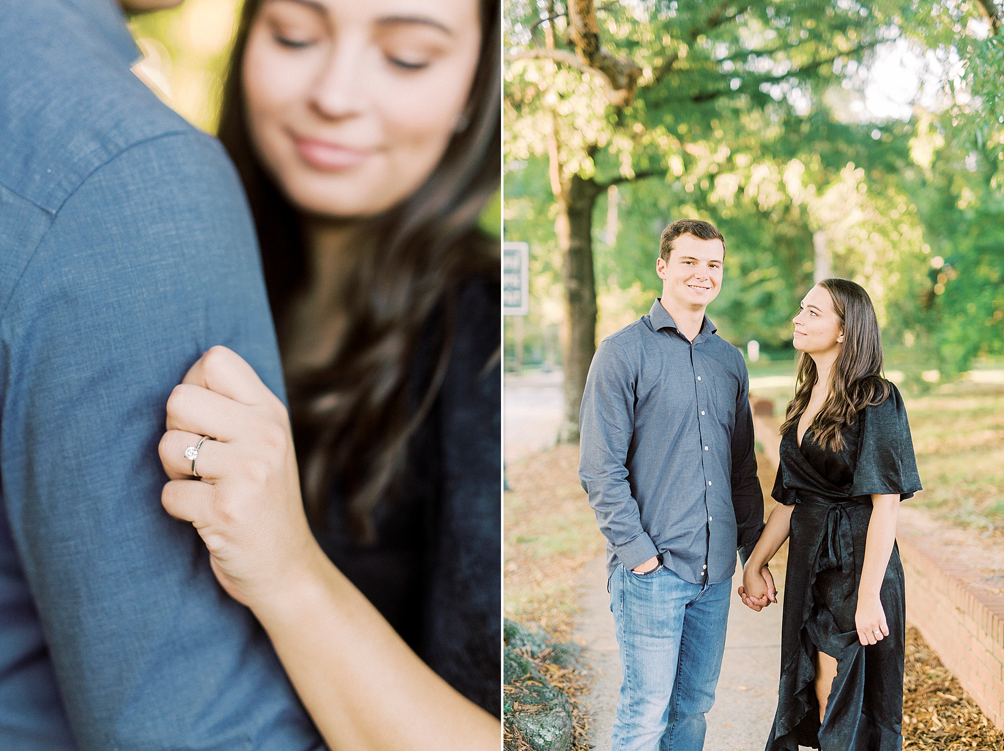 fall Downtown Concord engagement session for couple in black dress and blue top
