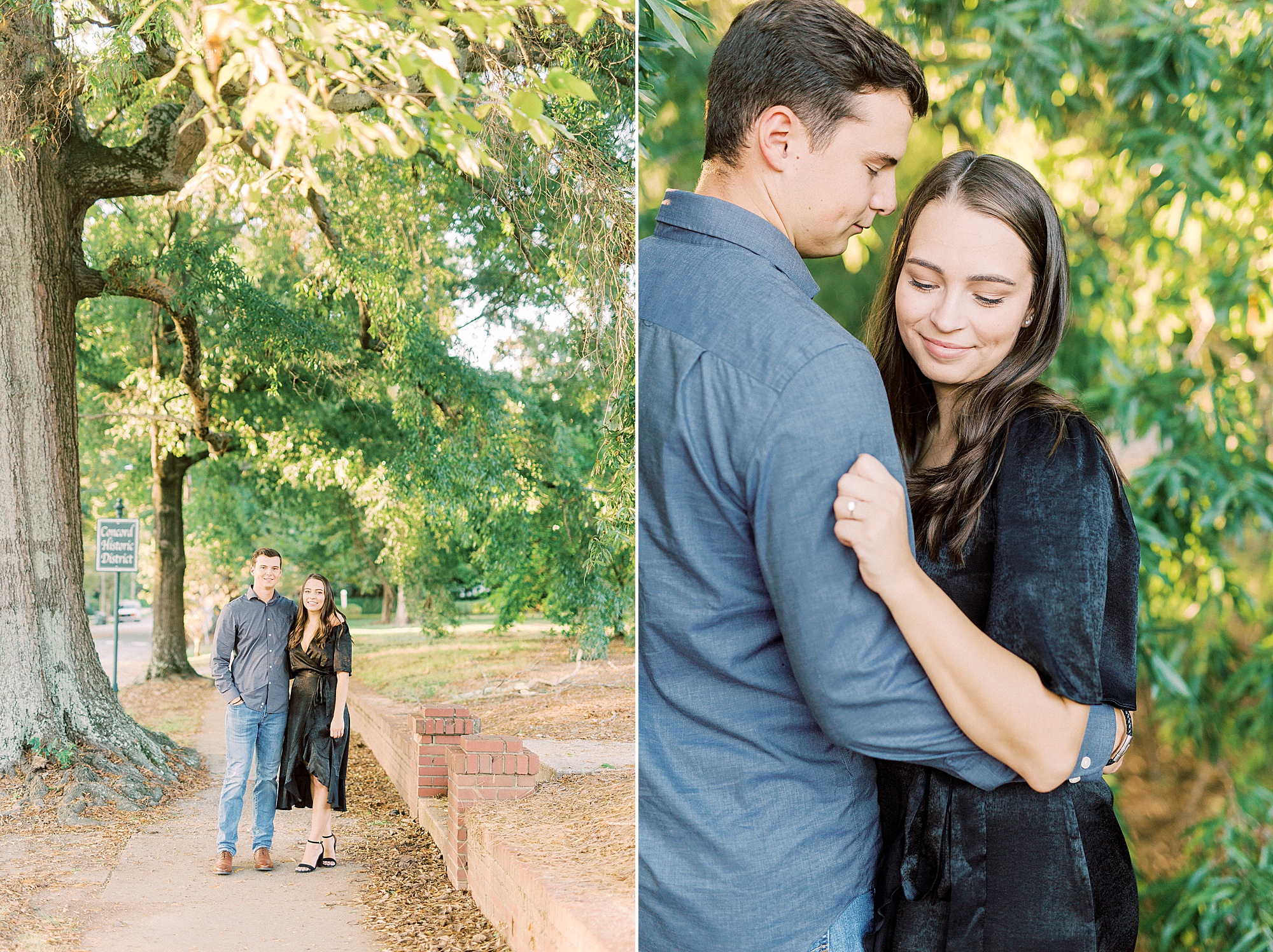 engaged couple walks along park in Downtown Concord