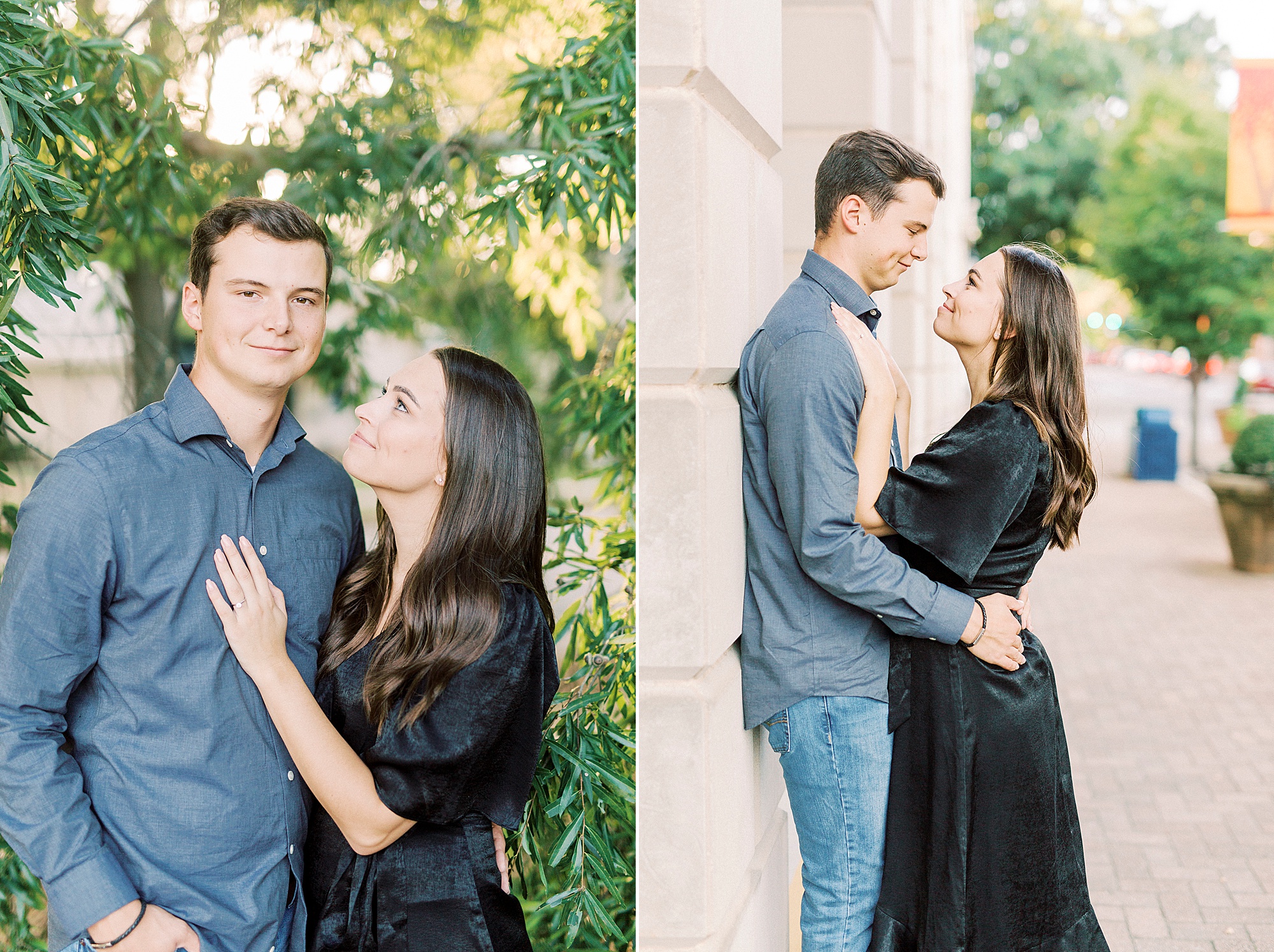 couple hugs during Downtown Concord engagement session