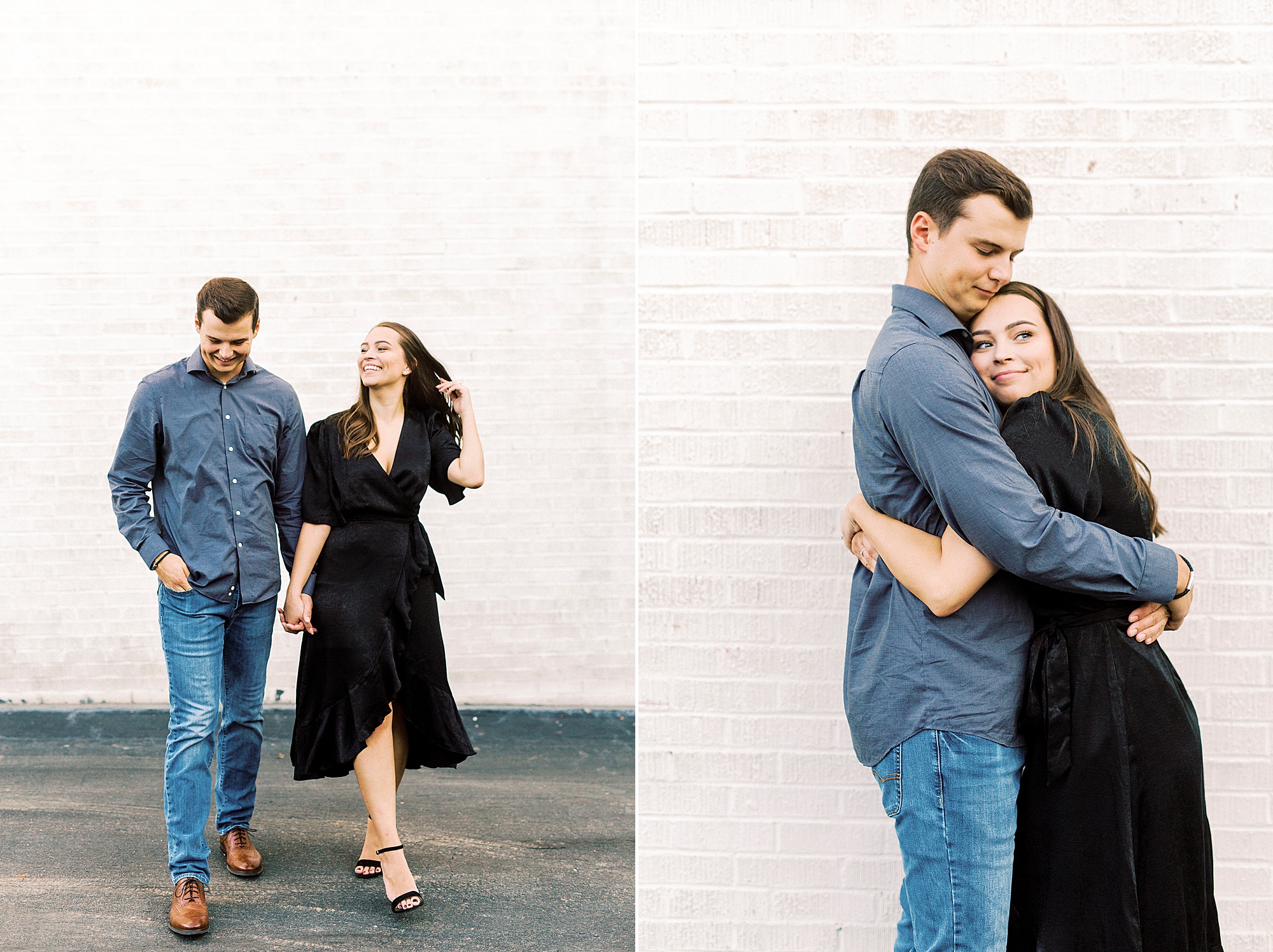 couple hugs against white wall in Downtown Concord