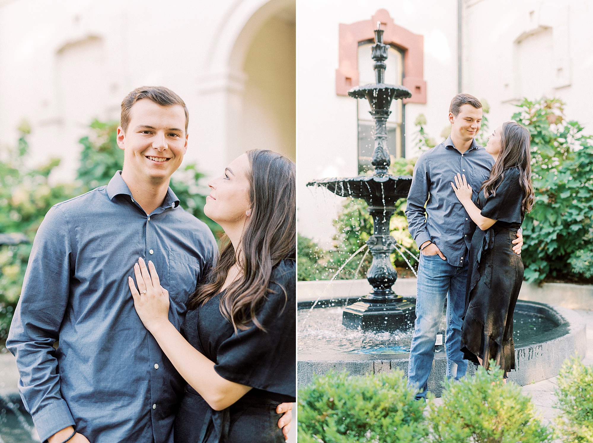 engaged couple hugs by fountain