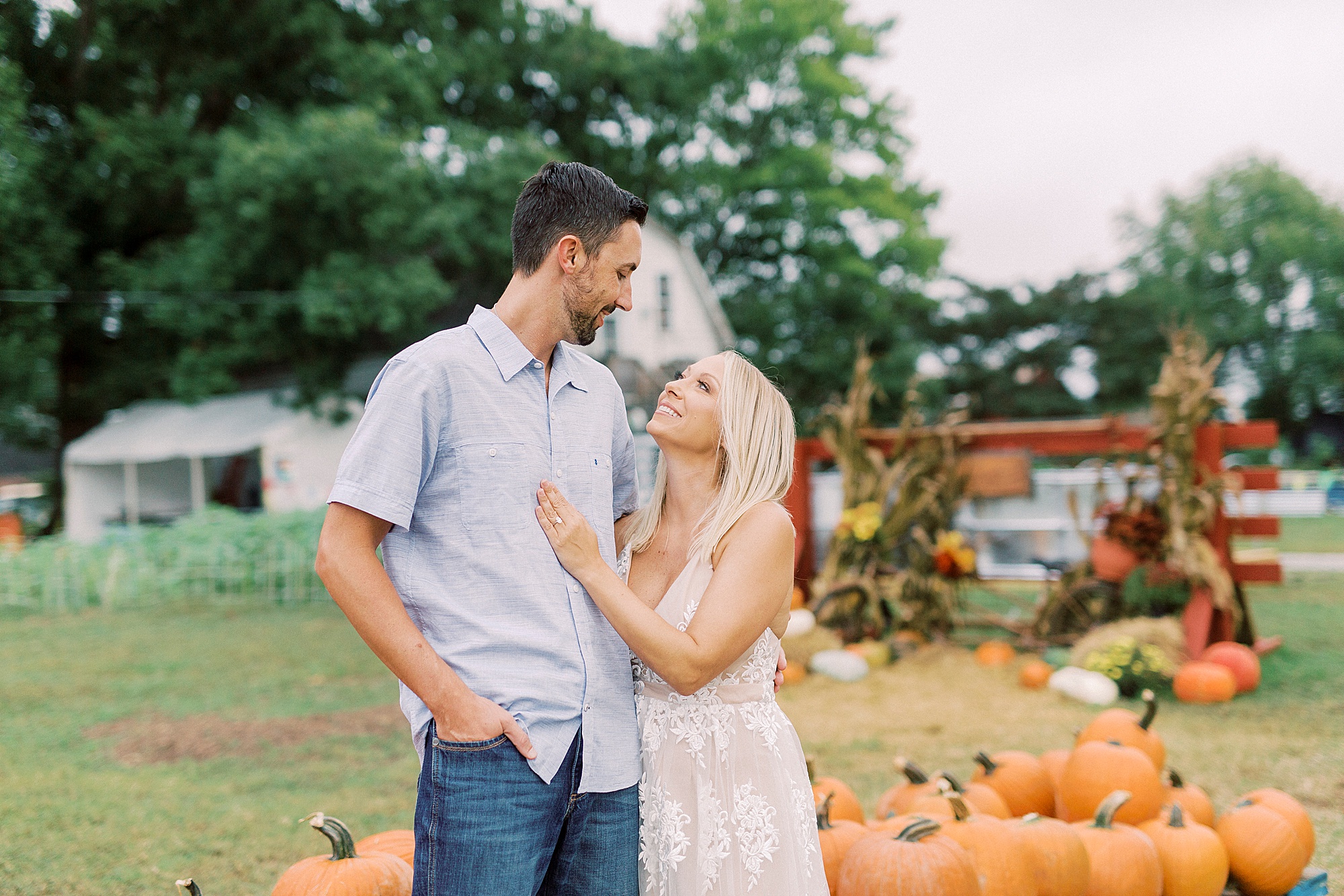 fall engagement portraits by pumpkins at Hodges Family Farm