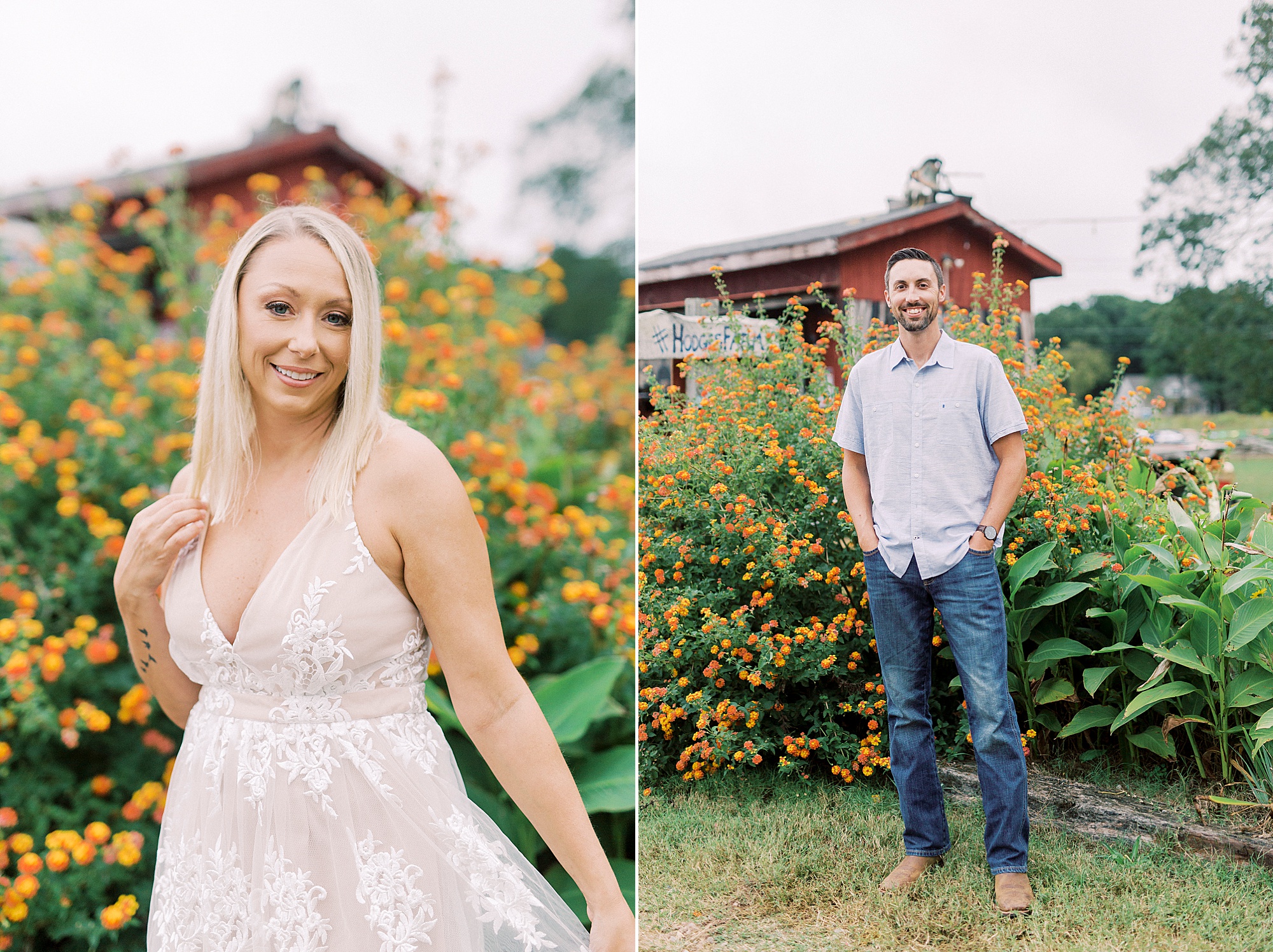 engaged couple poses by orange flowers in Charlotte NC