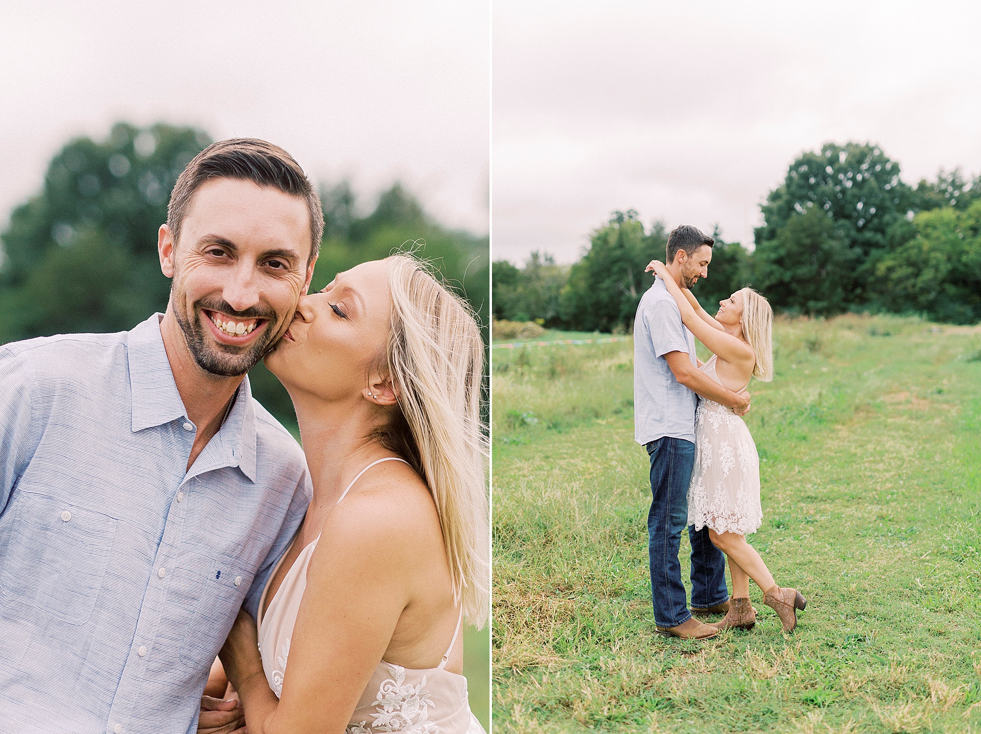 bride kisses groom's cheek during Hodges Family Farm engagement session
