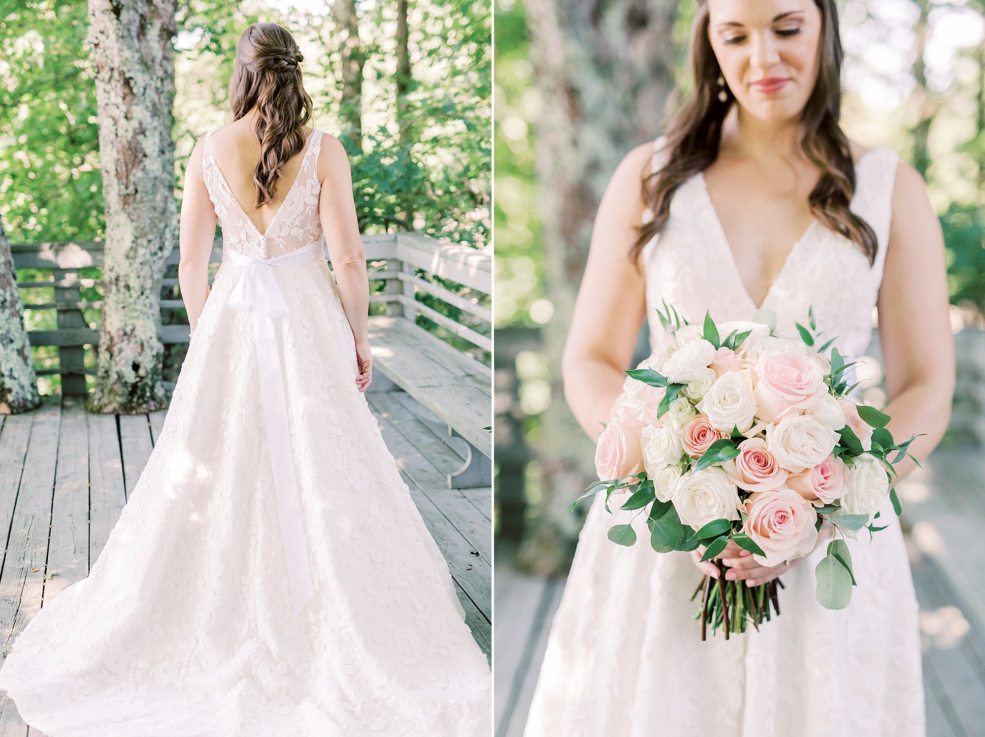 bride shows off back of wedding dress on wooden deck