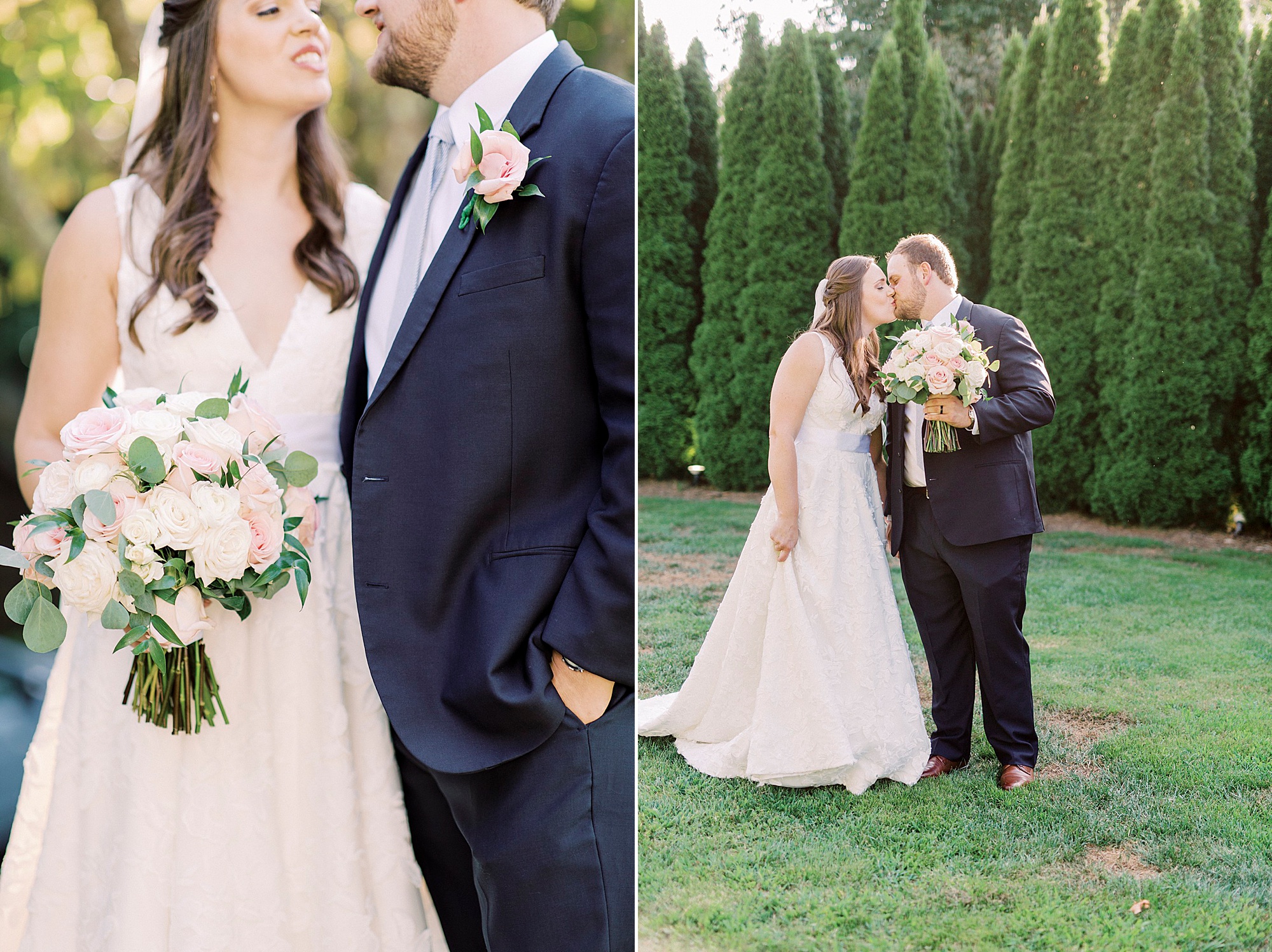 bride and groom kiss while groom holds bouquet for bride