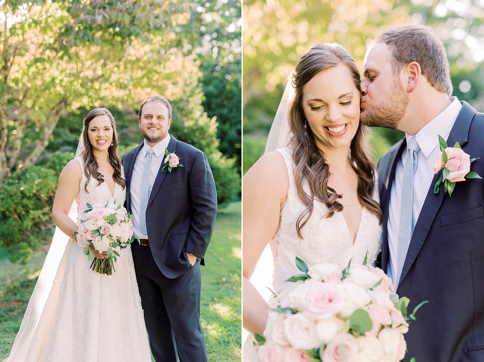 groom kisses bride's cheek during Blowing Rock NC wedding photos