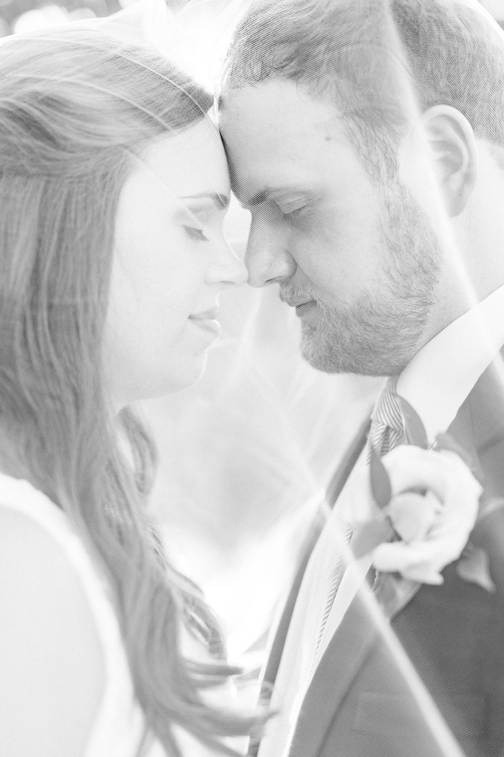 newlyweds stand together under bride's veil