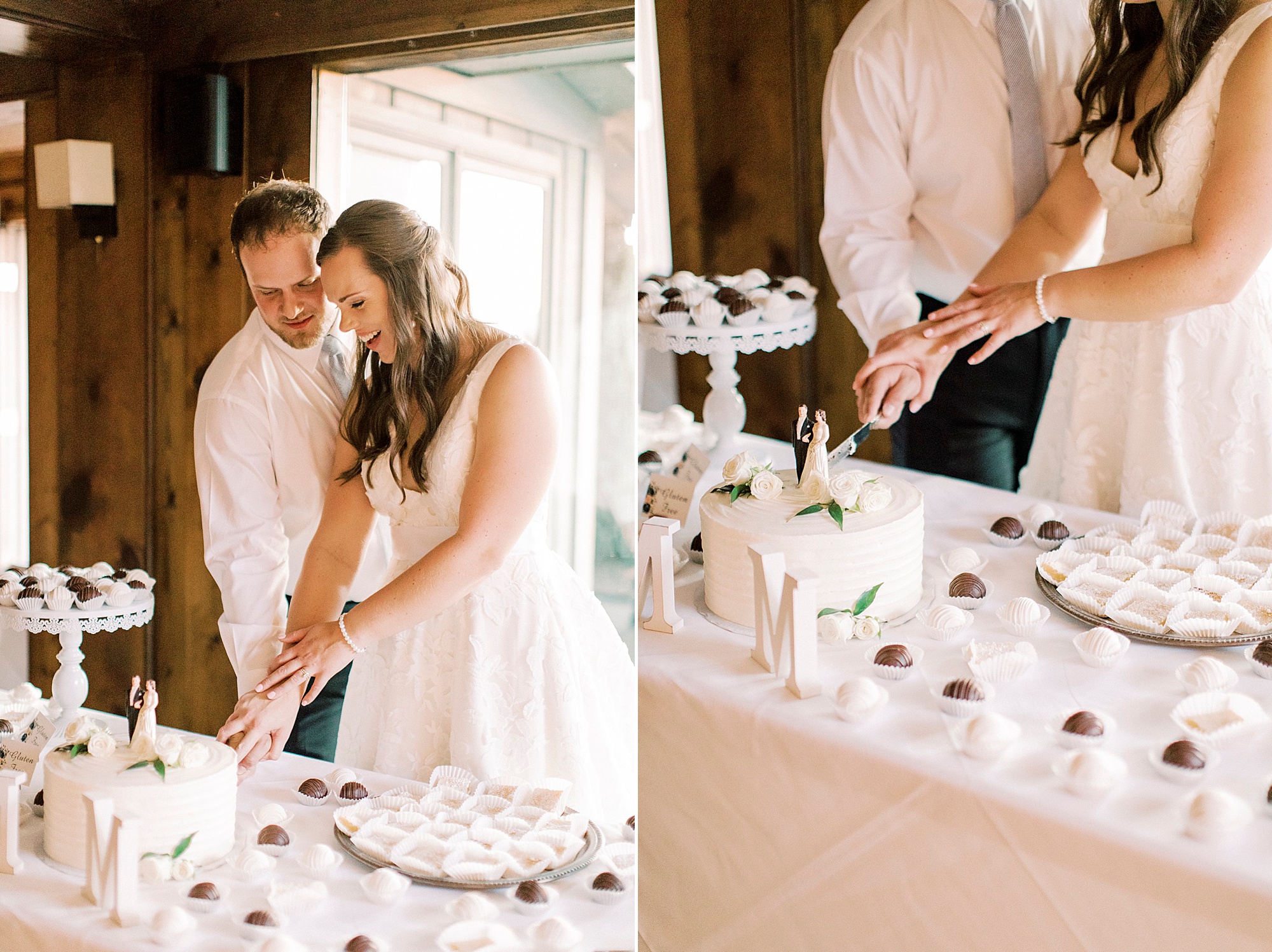 newlyweds cut wedding cake at Blowing Rock NC wedding reception