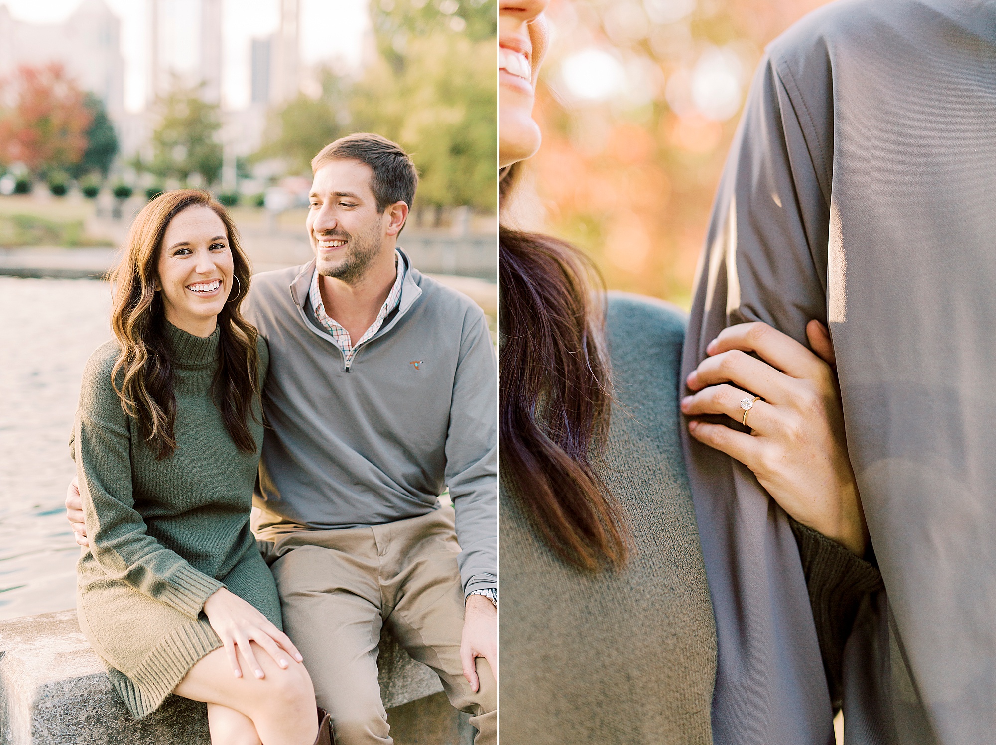 engaged couple sits by water fountain in Marshall Park