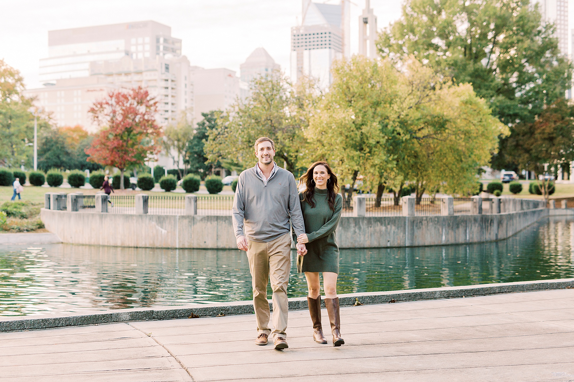 engaged couple walks through Marshall Park
