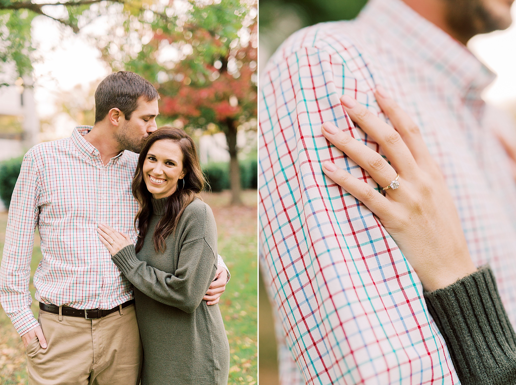 bride holds groom's arm showing off engagement ring