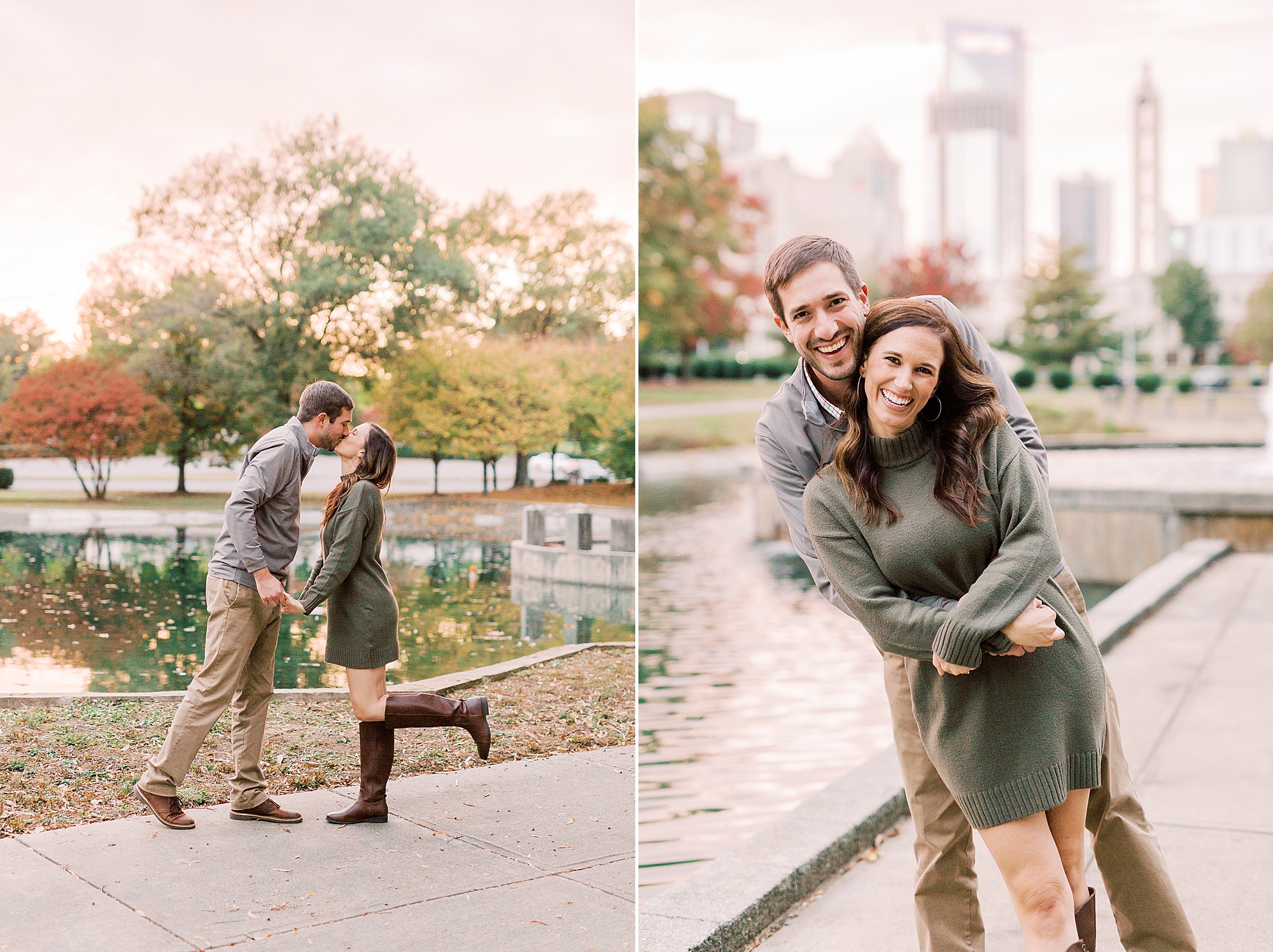 couple laughs together during silly moments in engagement session