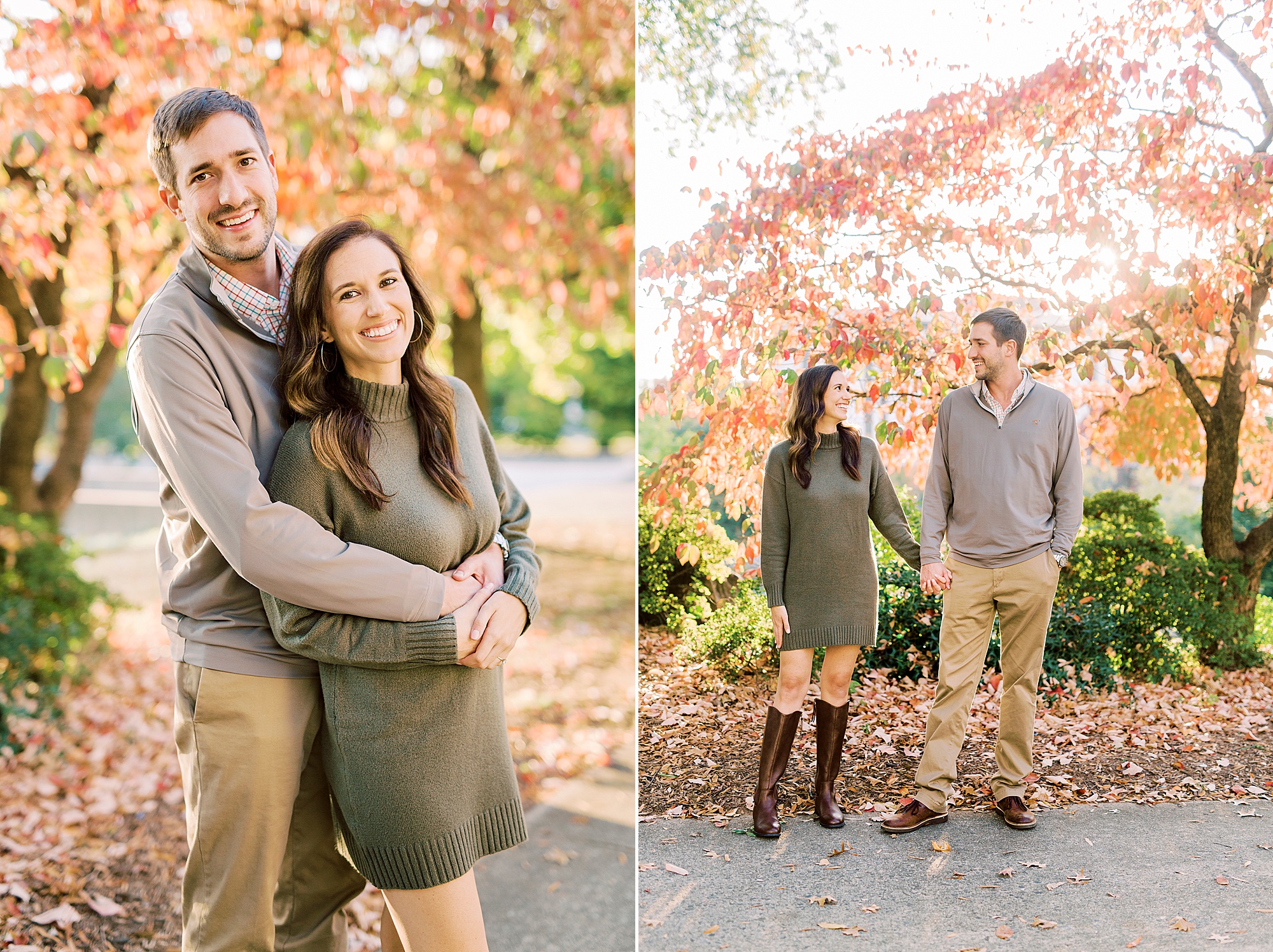 couple walks through fall leaves at Charlotte NC park