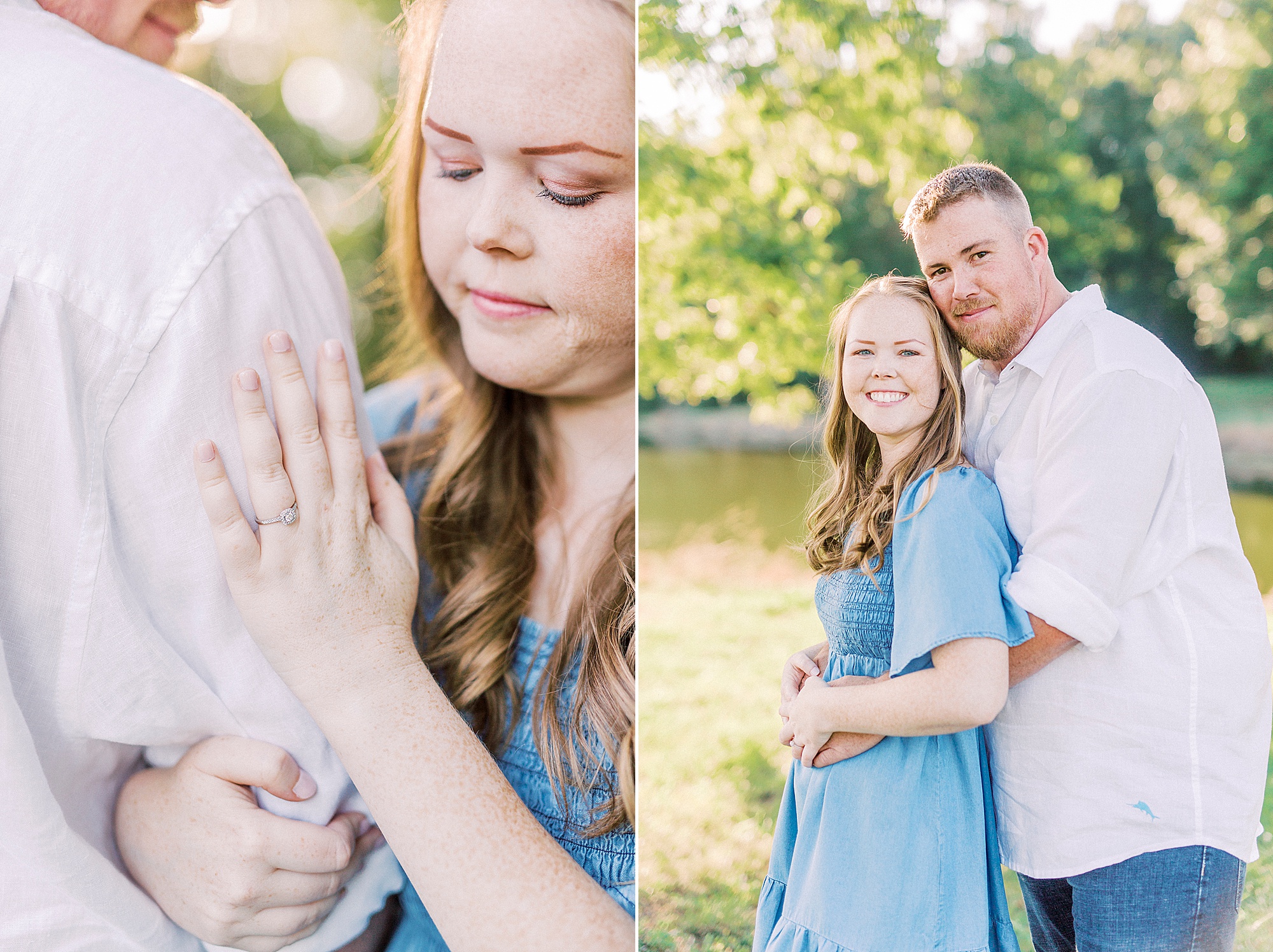 bride shows off ring on groom's arm during Sunset Farm engagement session