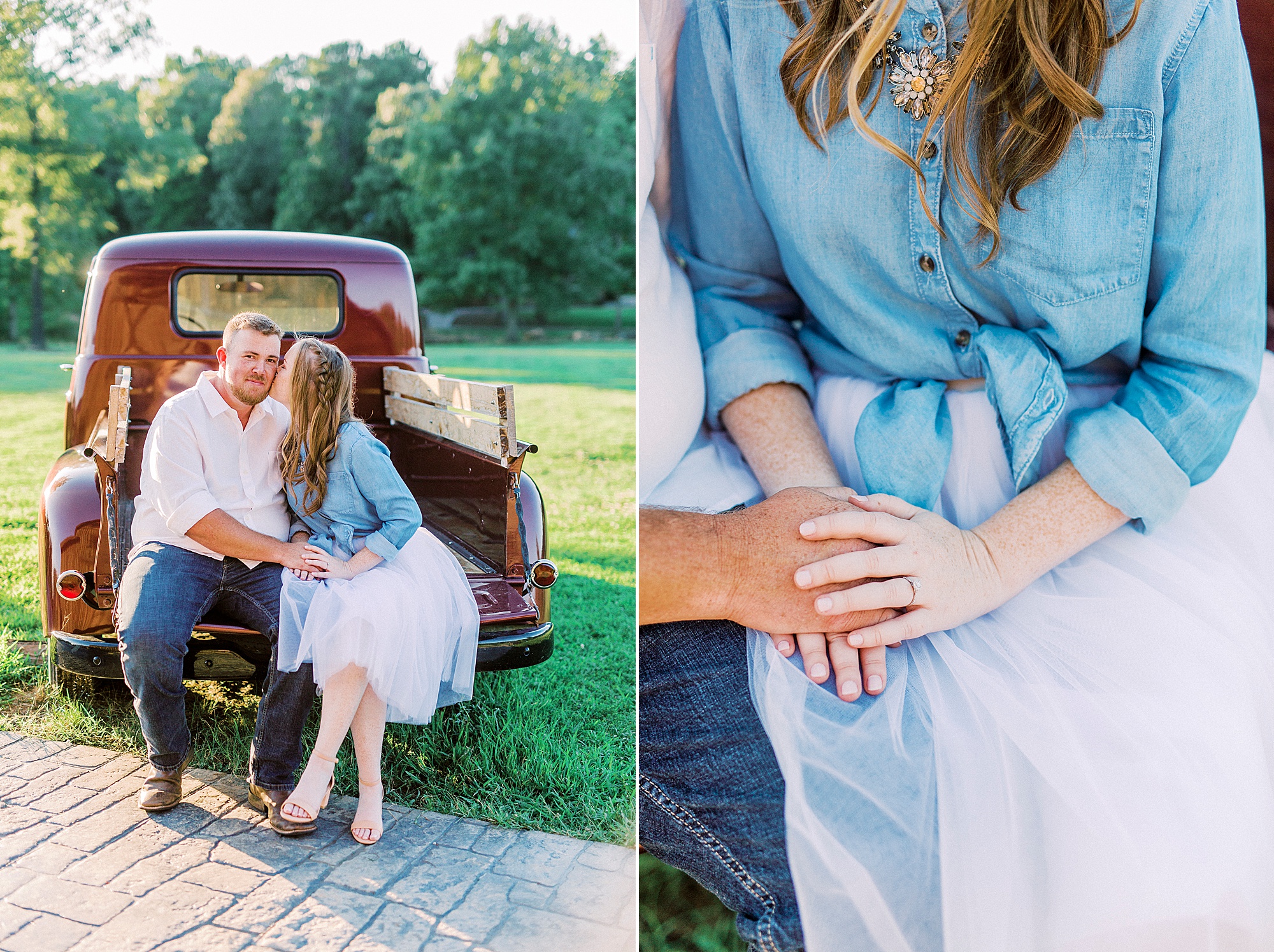 engaged couple sits on truck bed