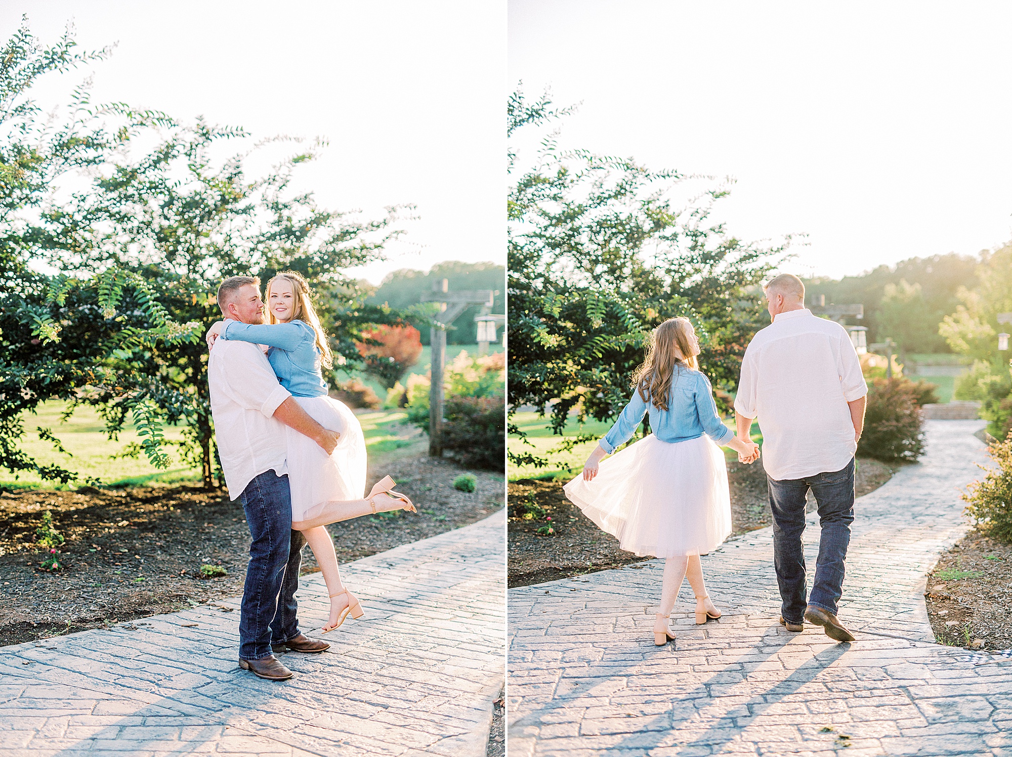 groom twirls bride in tulle skirt during Sunset Farm engagement session