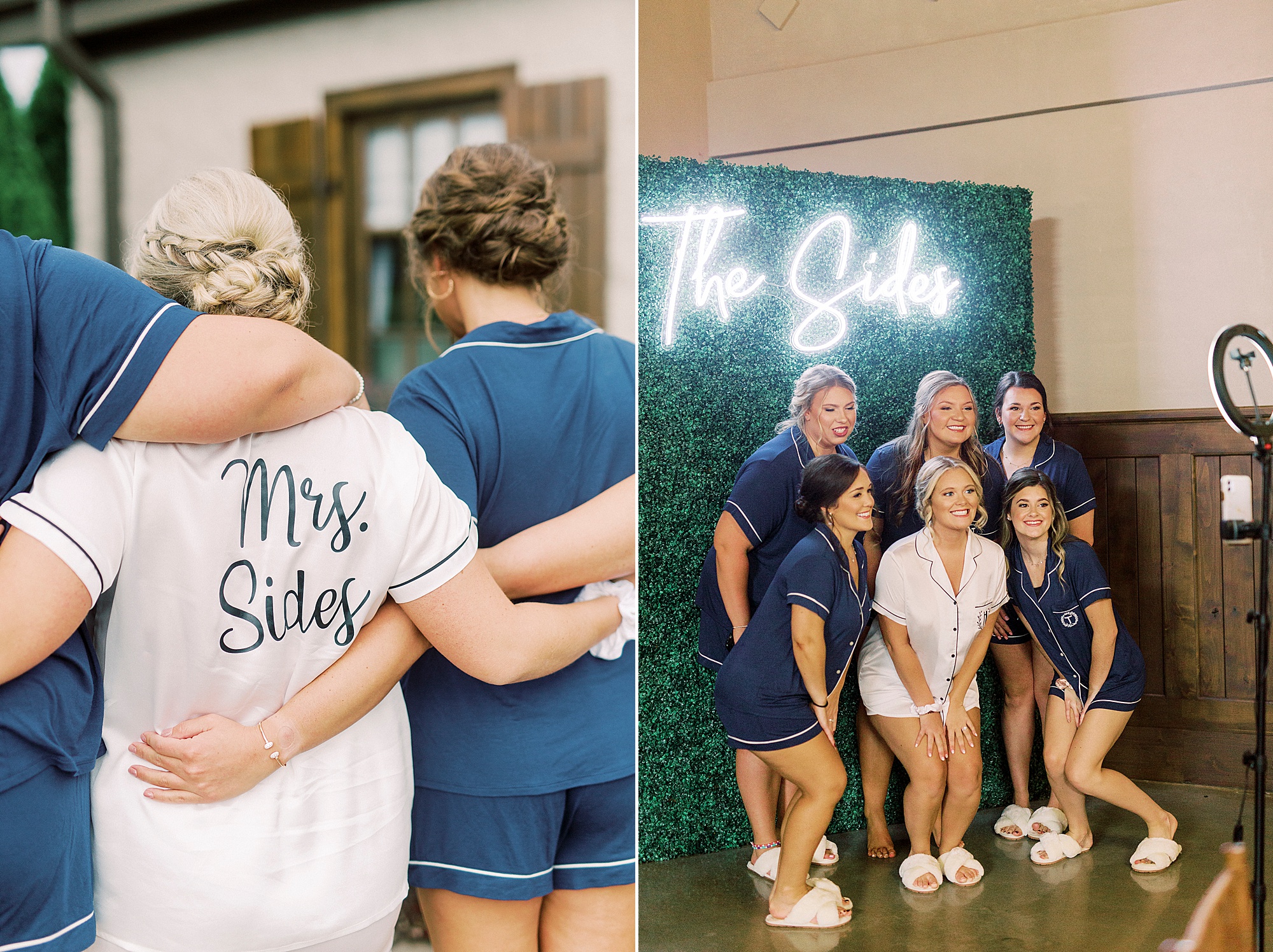 bride and bridesmaids in matching pajamas pose at Addison Farm