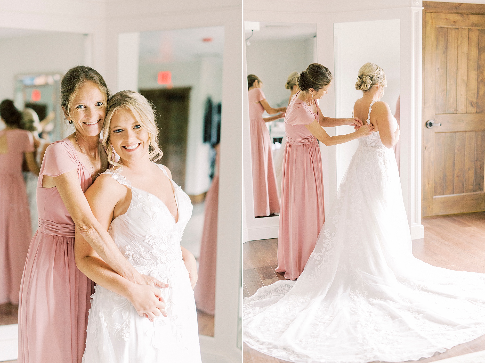 mom hugs daughter during wedding day prep