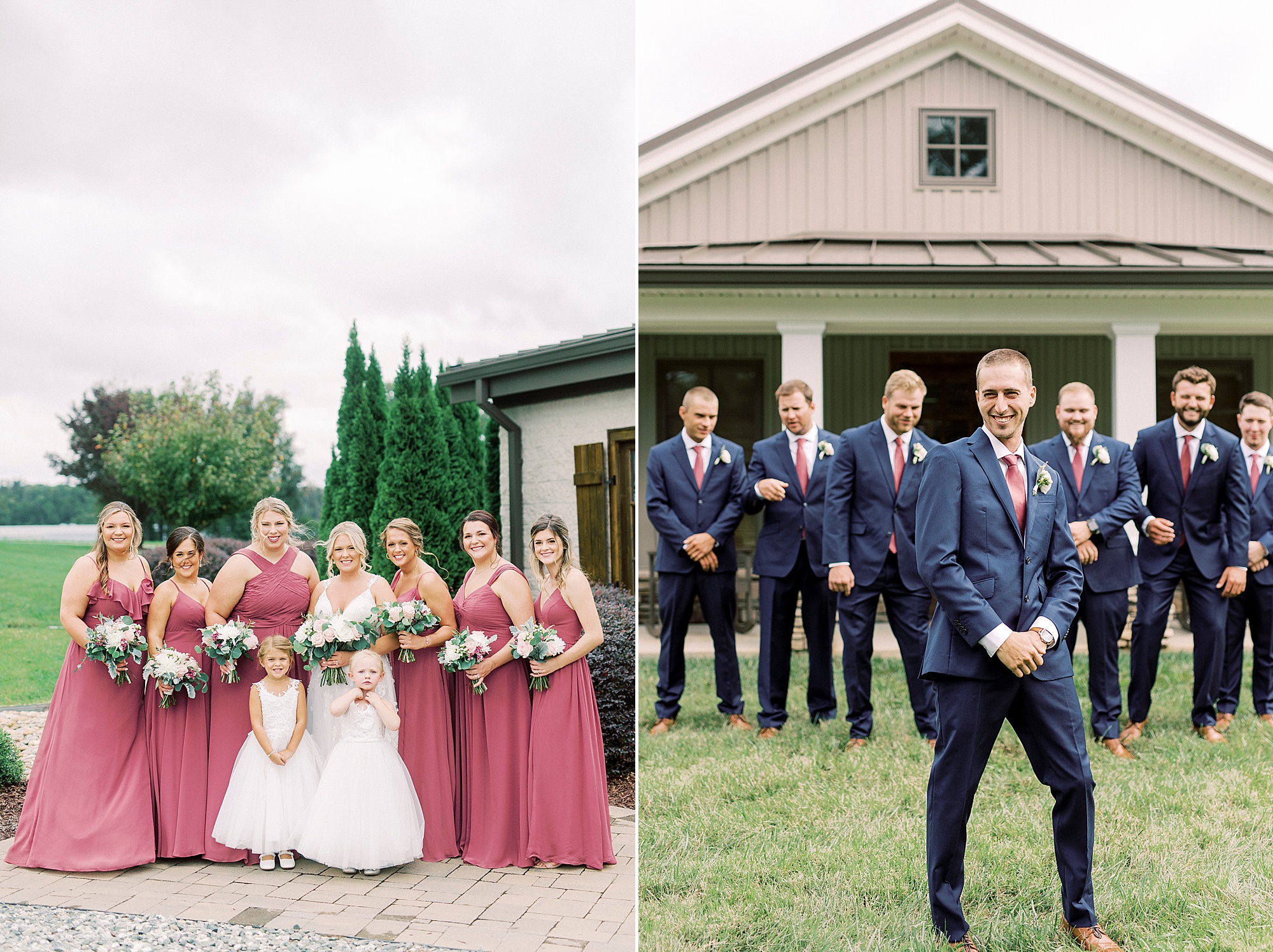 portraits of bride and groom with wedding party