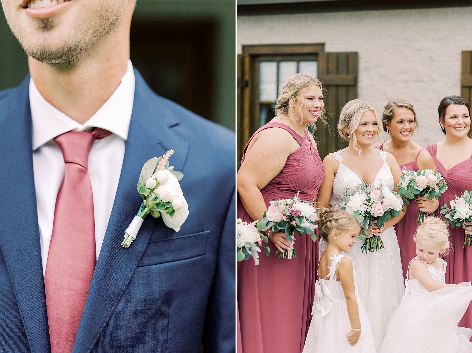 bridesmaids laugh with bride