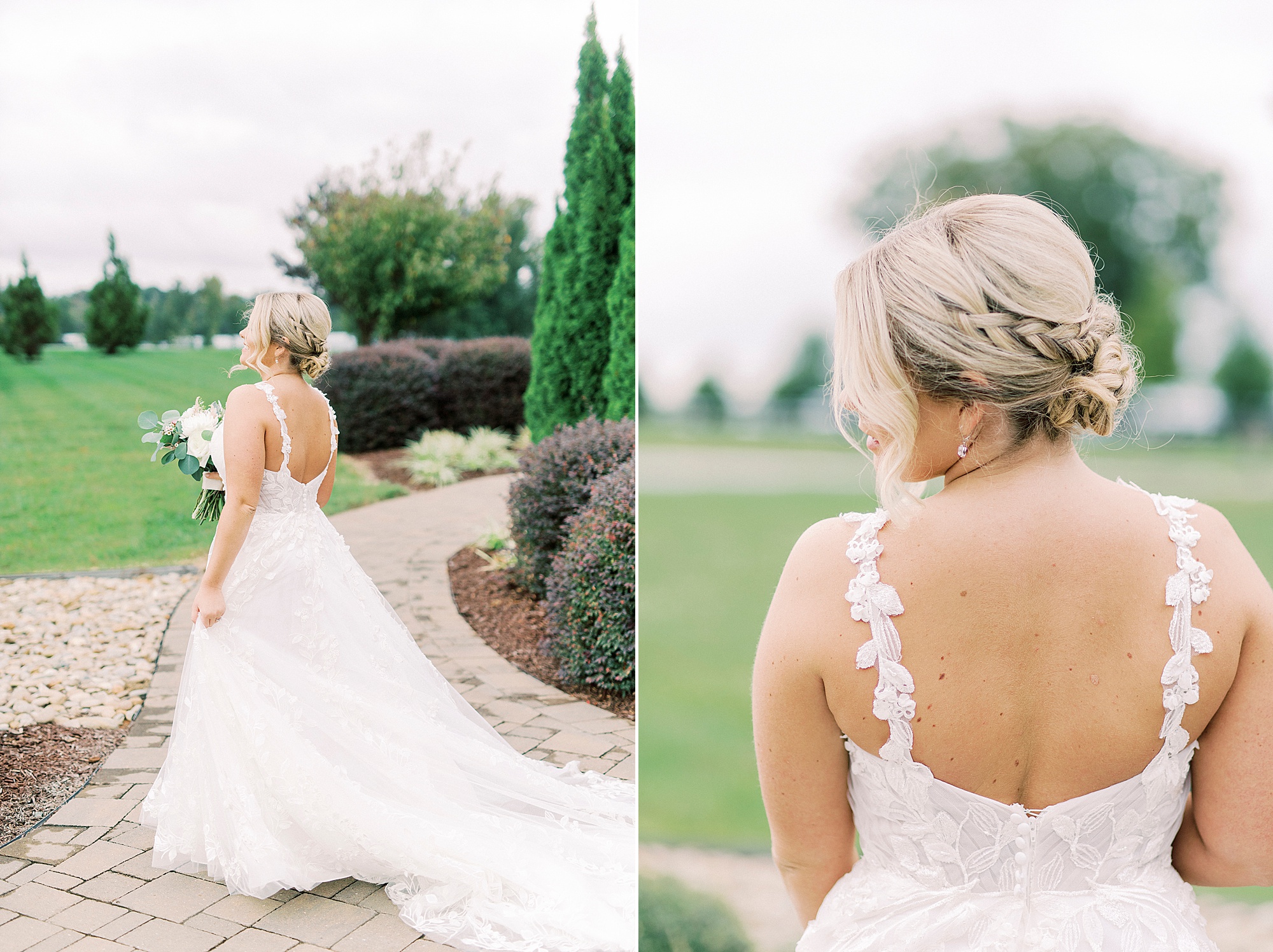 bride looks over shoulder showing off wedding gown during portraits at Addison Farm