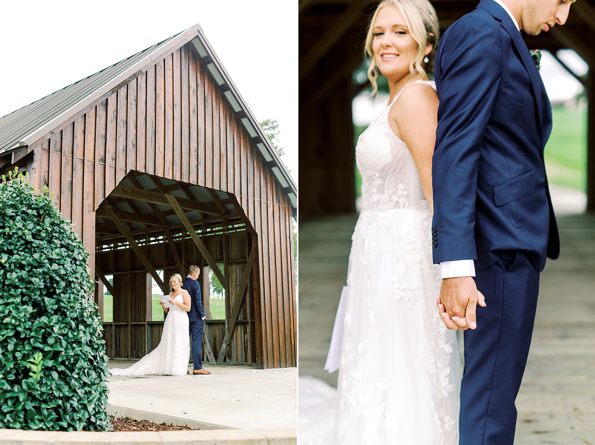 couple holds hands back to back on wedding day