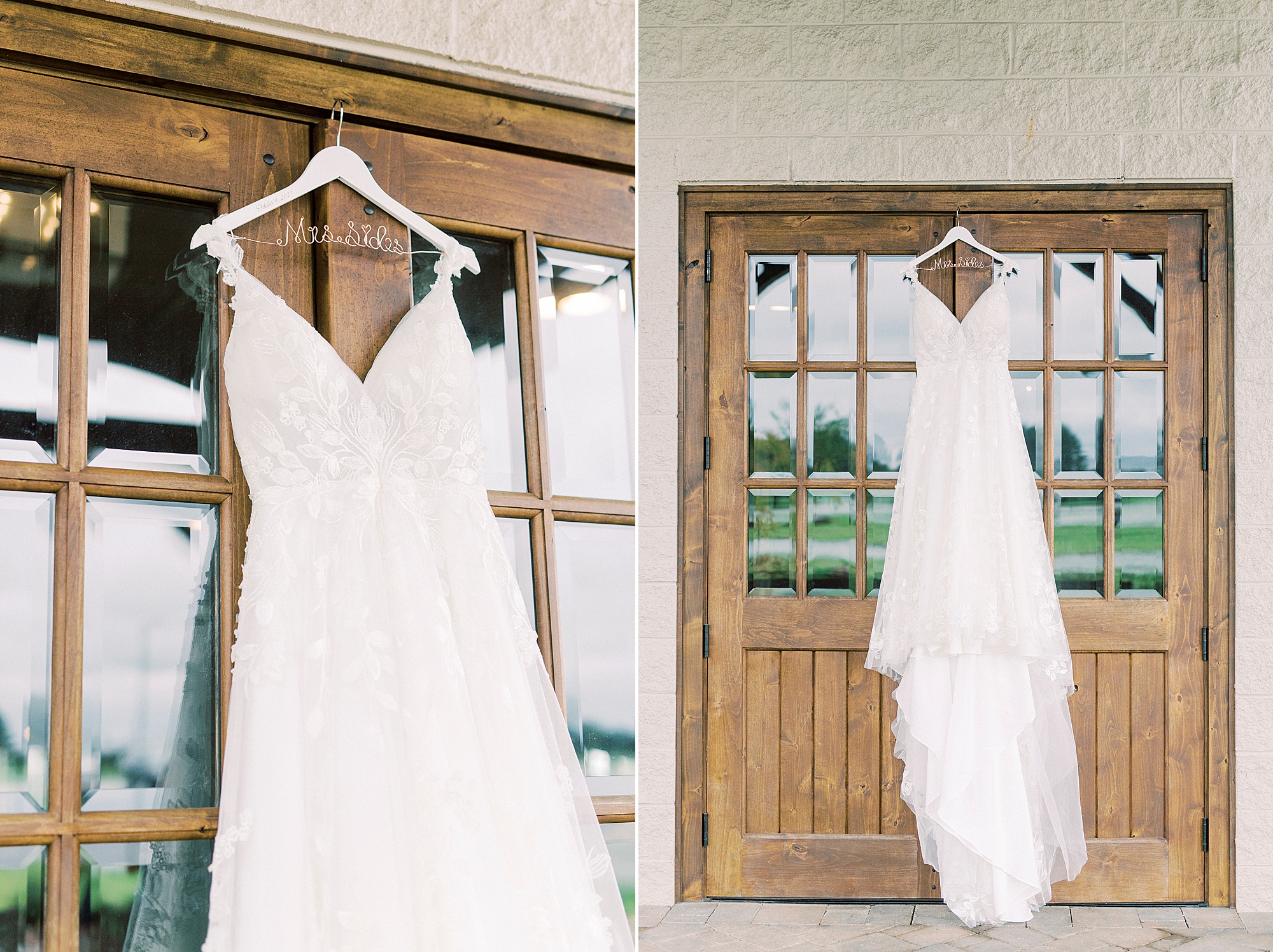 wedding dress hangs on farm door at Addison Farm