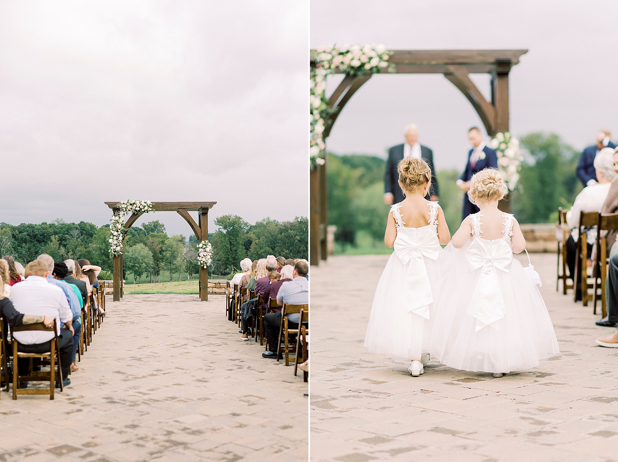 flower girls walk down aisle during outdoor ceremony on farm in Greensboro NC