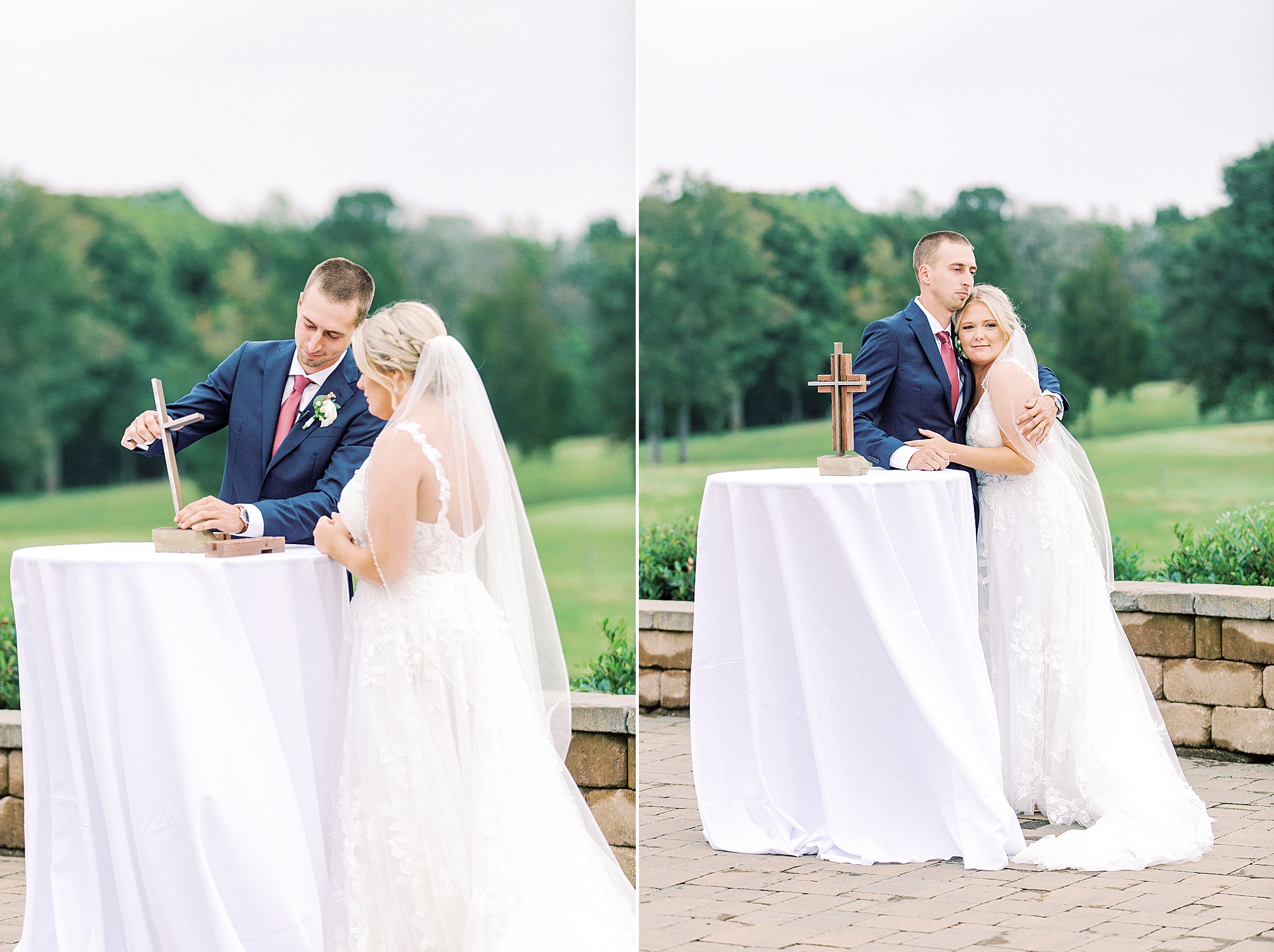 newlyweds complete sand ceremony during outdoor ceremony on farm in Greensboro NC