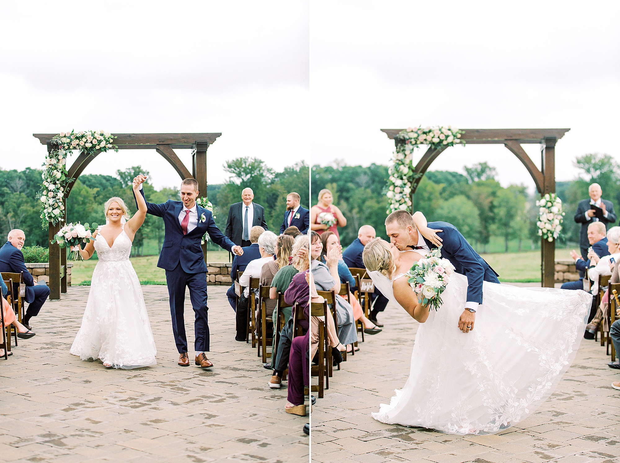newlyweds kiss at the end of the aisle after outdoor ceremony on farm in Greensboro NC