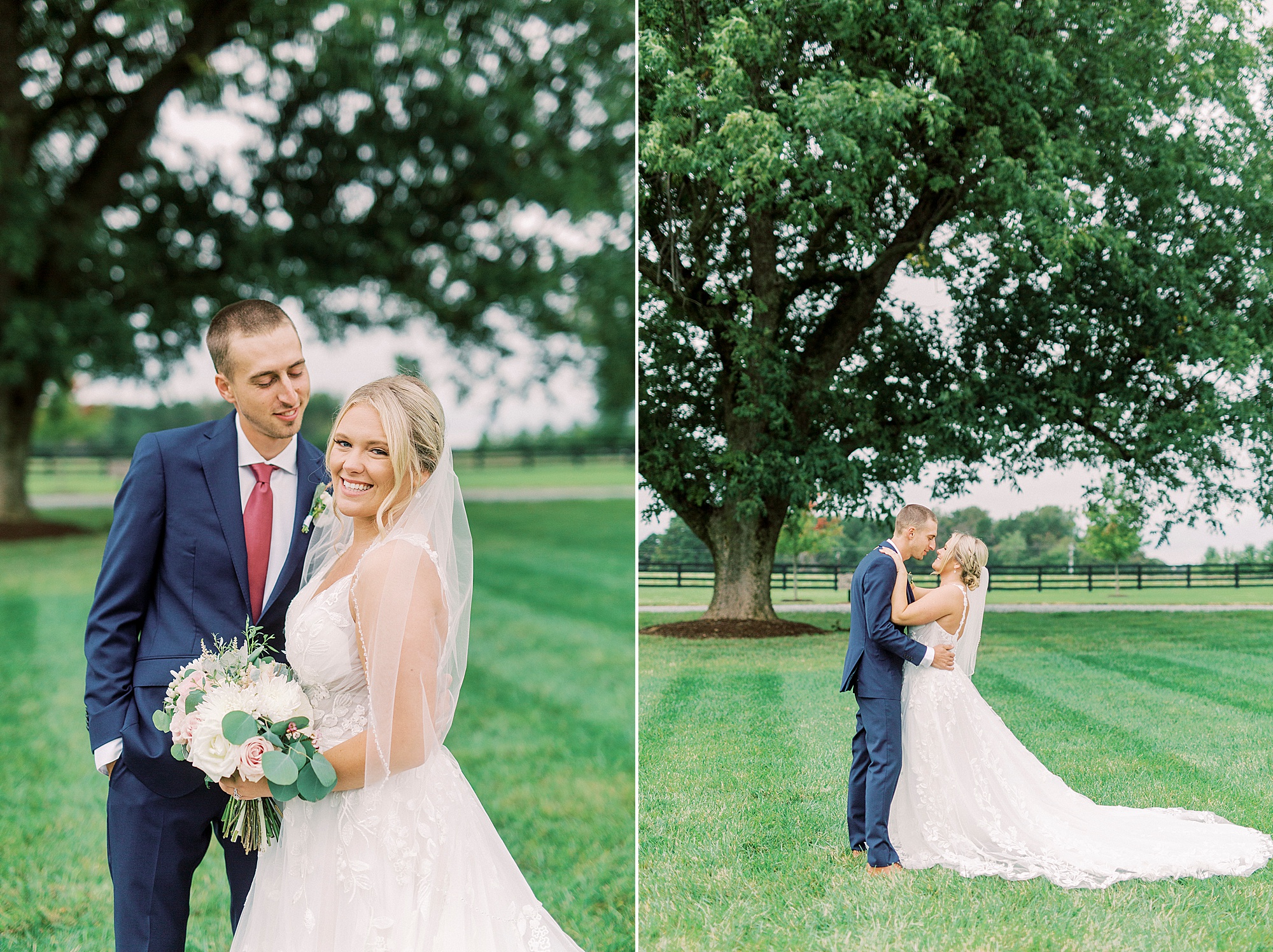 bride and groom stand by tree at Addison Farm
