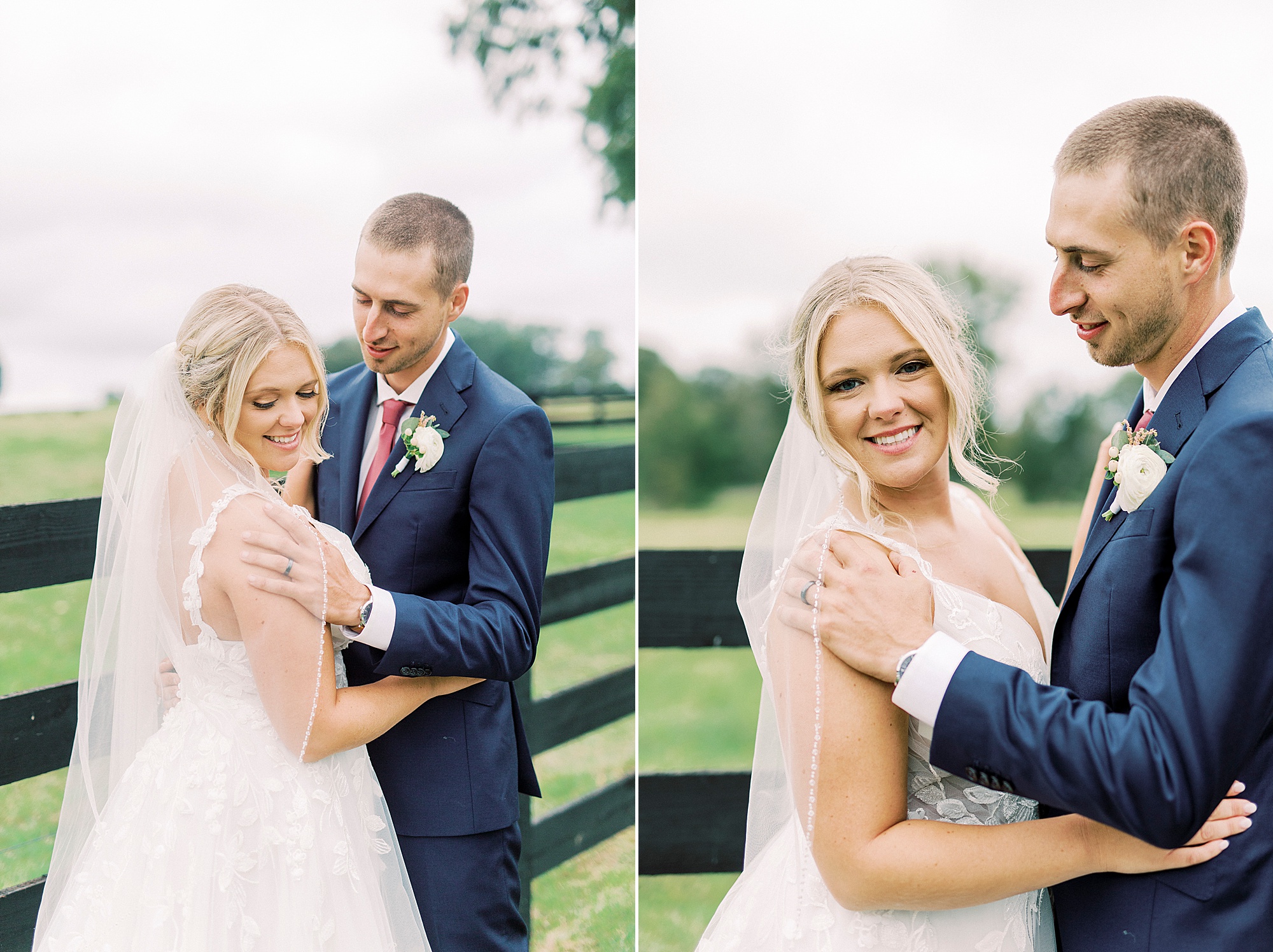 bride and groom pose along wooden fence at Addison Farm
