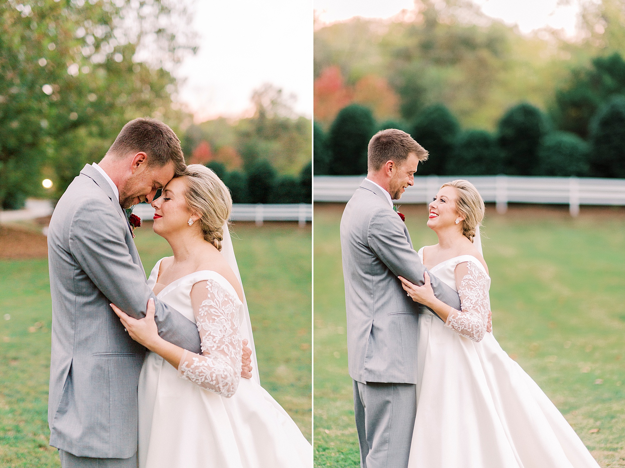 bride and groom stand together in yard at Vesuvius Vineyards