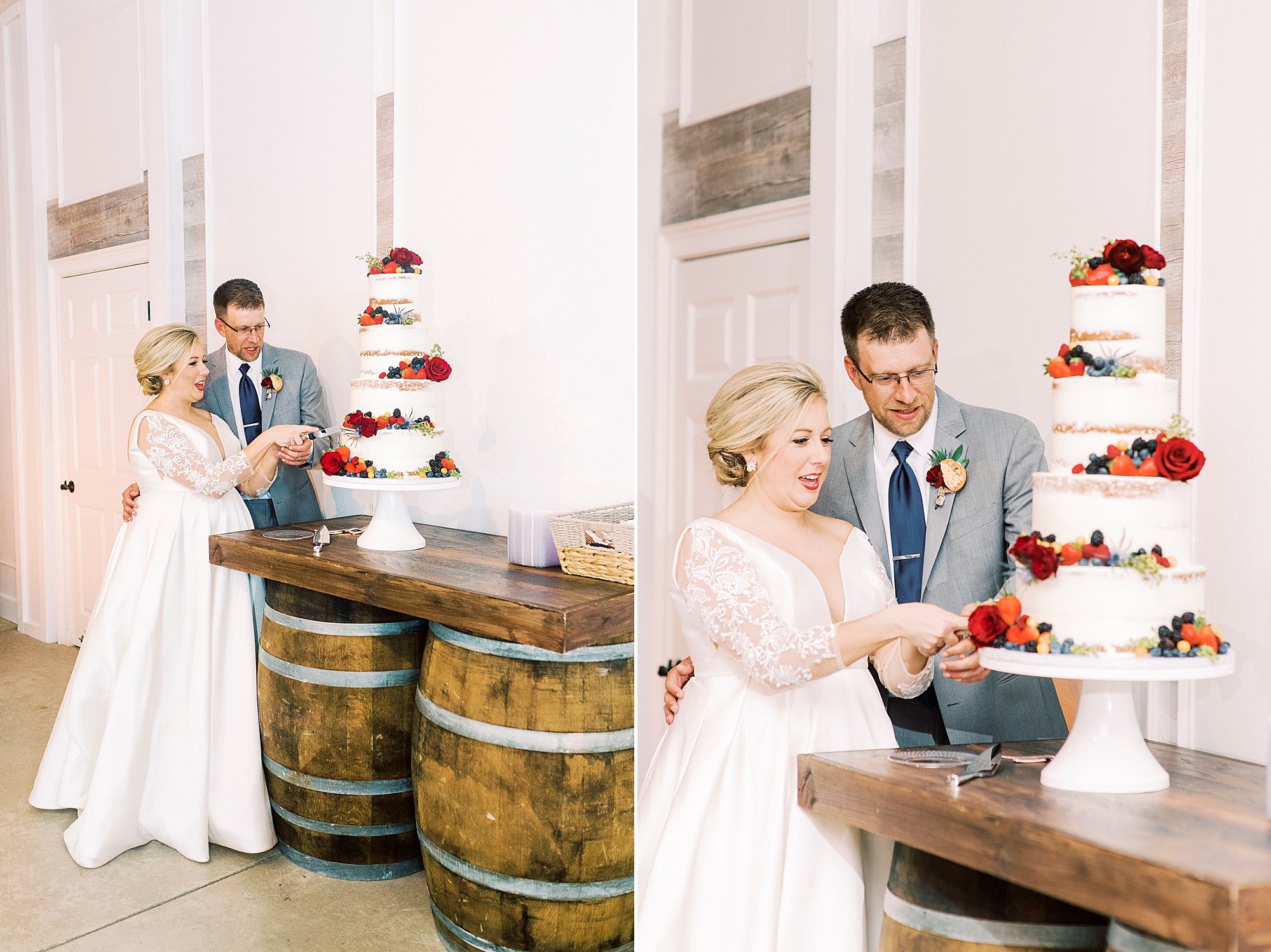 bride and groom cut up naked wedding cake during wedding reception