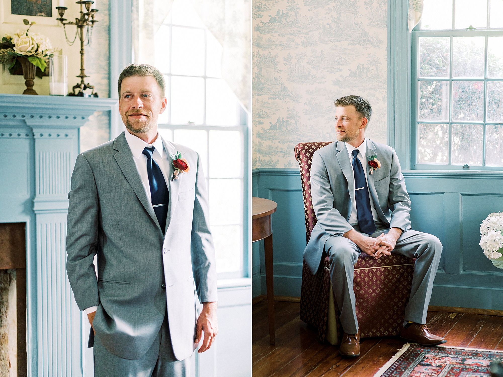 groom sits in suite before Vesuvius Vineyards wedding day