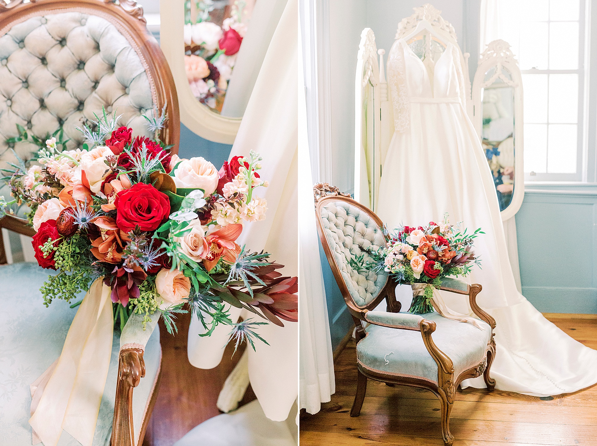 bride's details for fall Vesuvius Vineyards wedding with red and pink color palette