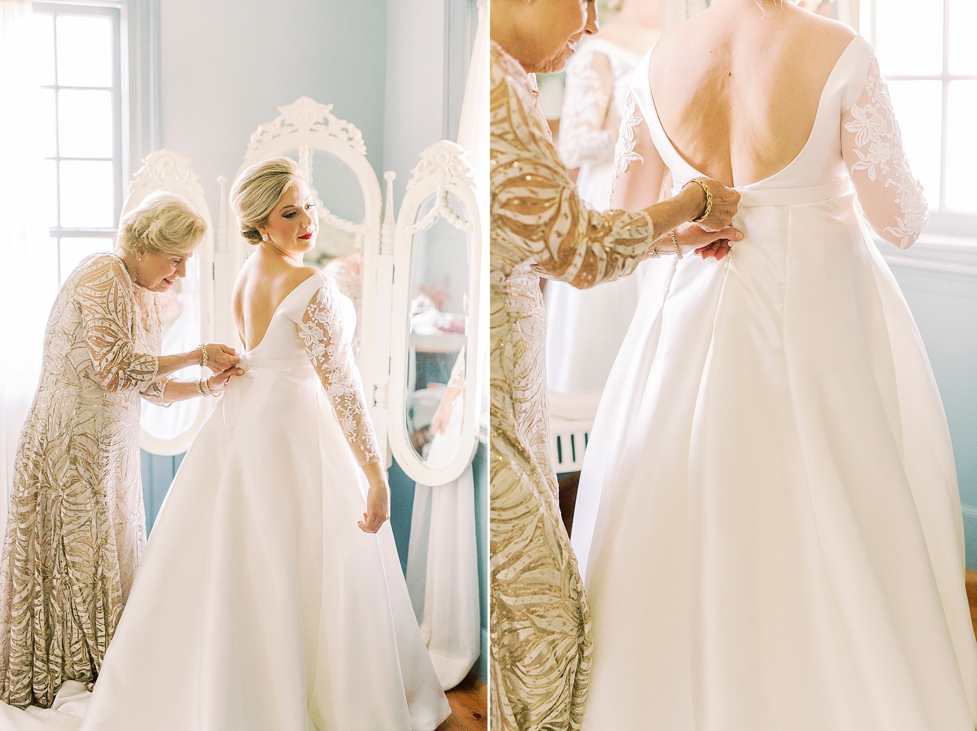 mother helps bride with wedding gown in North Carolina