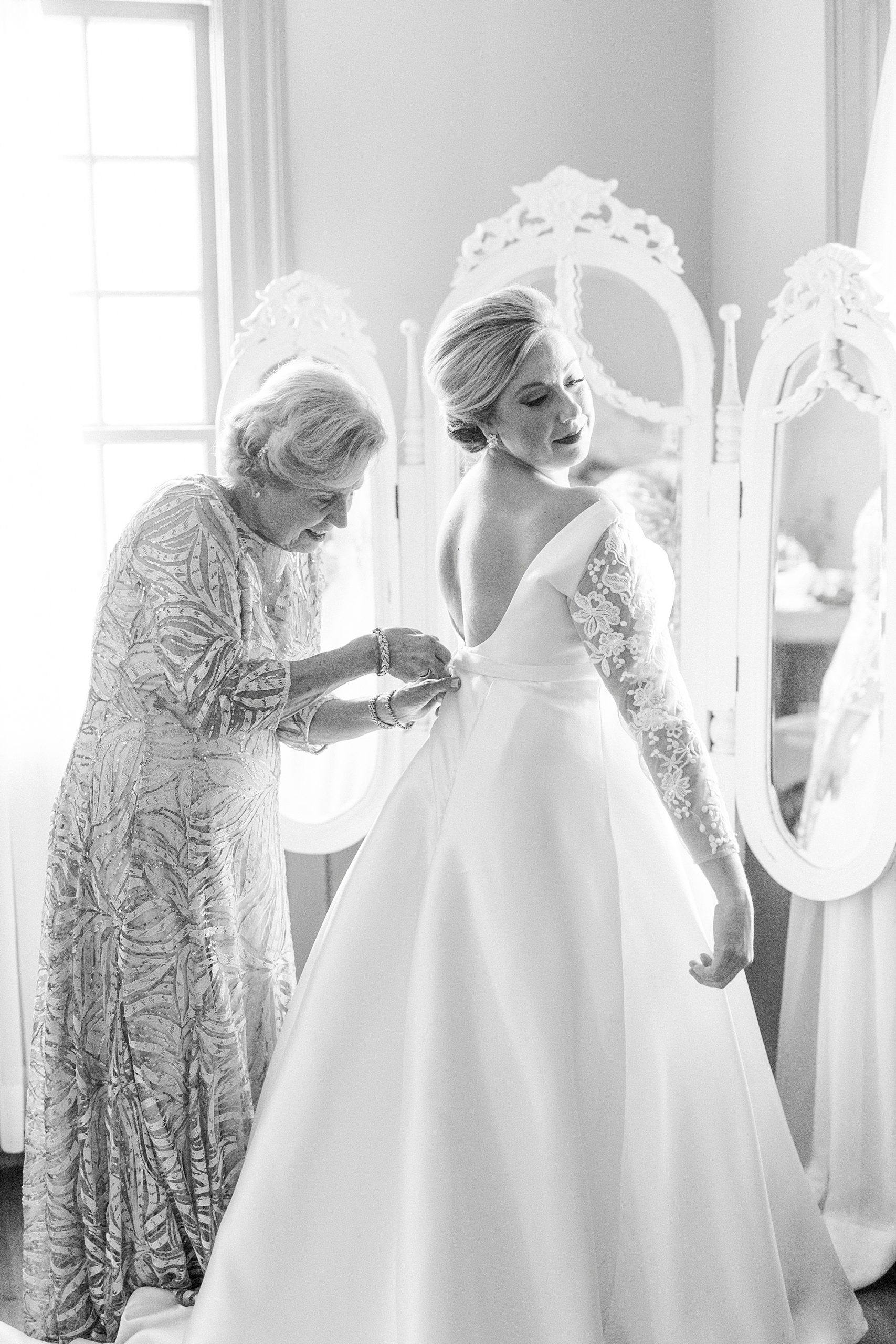 bride looks over shoulder during wedding day prep in Lincoln County