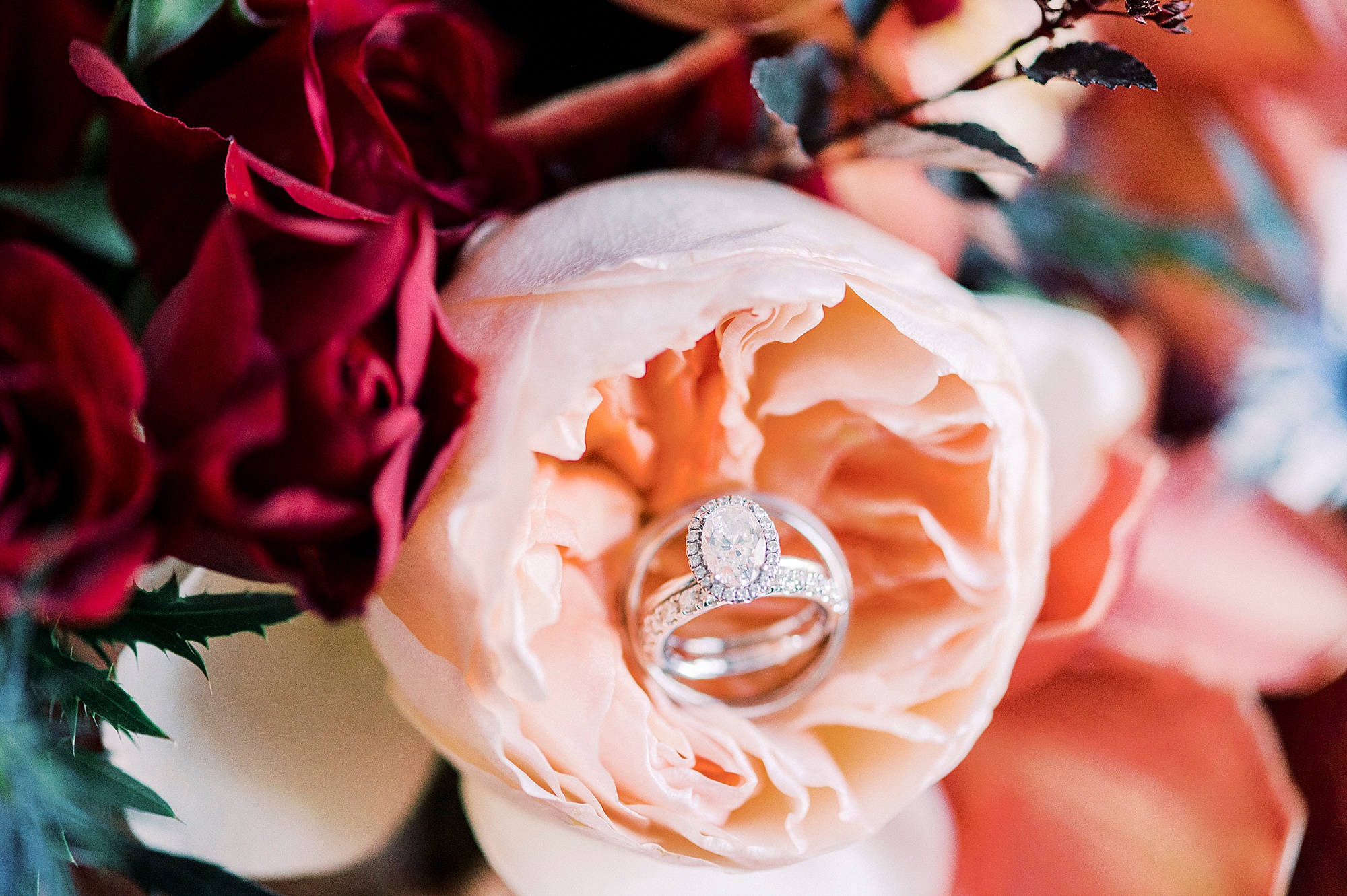 wedding rings rest in pink peonies