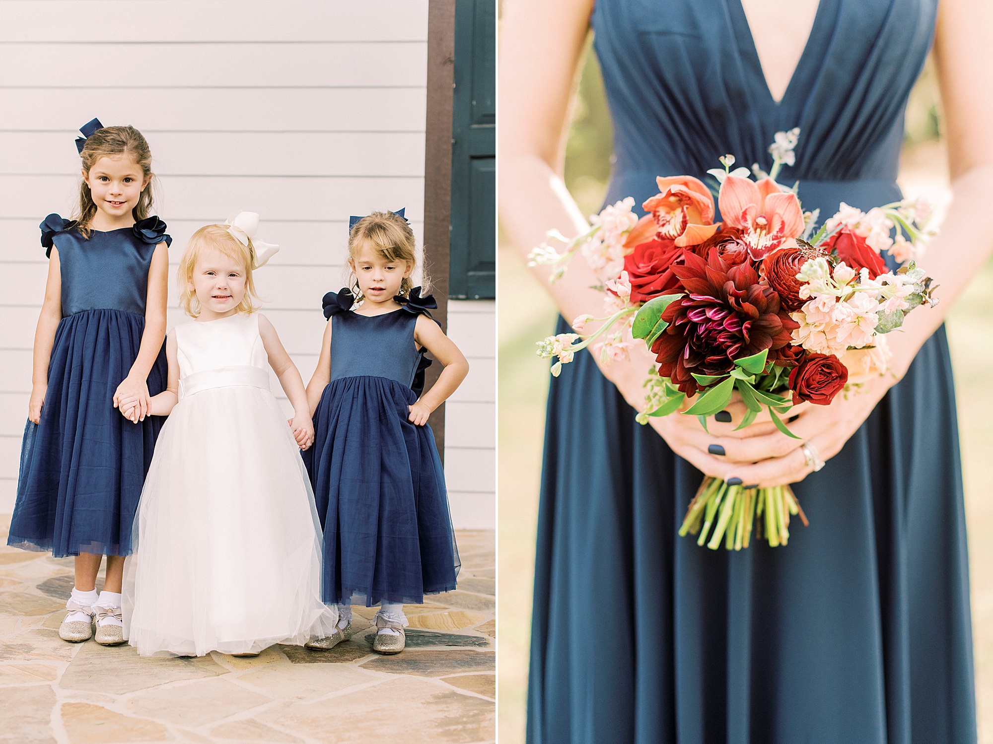 little girl walks with flower girls for fall wedding at Vesuvius Vineyards