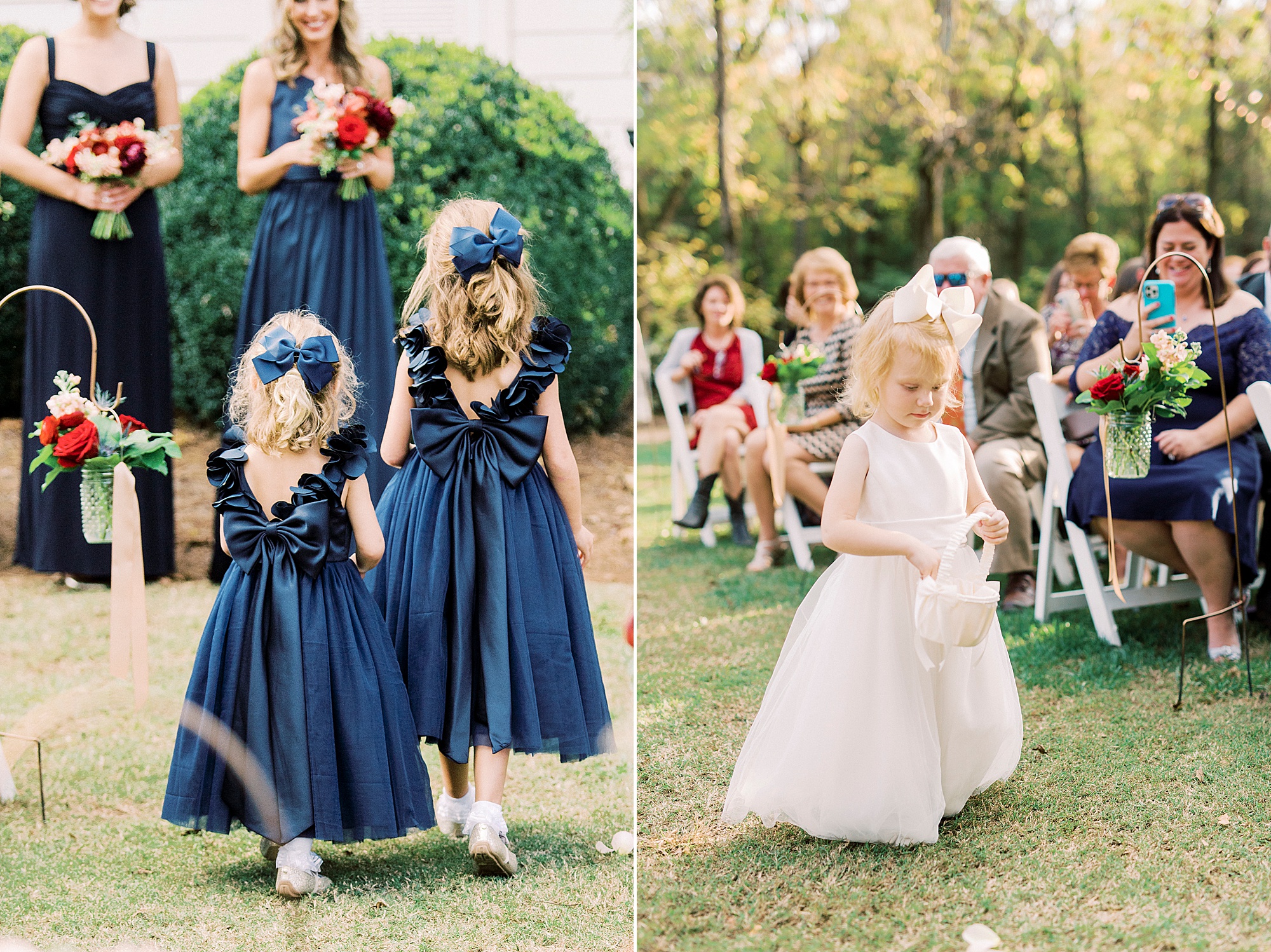 flower girls walk down aisle in blue dresses