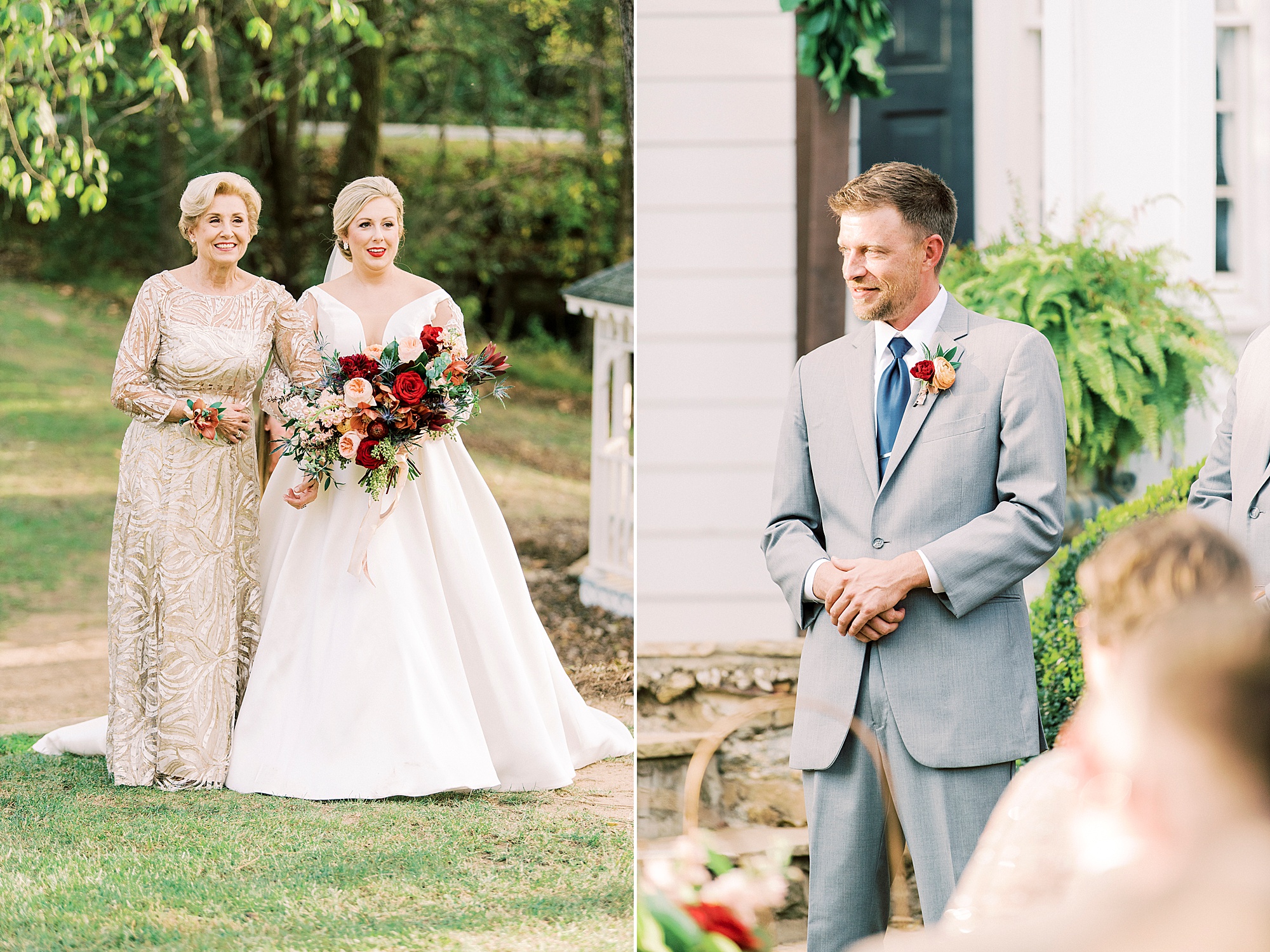 bride walks down aisle with mother for Vesuvius Vineyards wedding ceremony