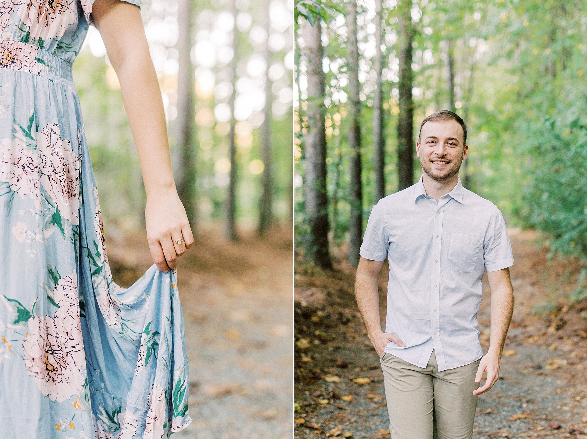 bride holds dress during engagement session in Charlotte NC