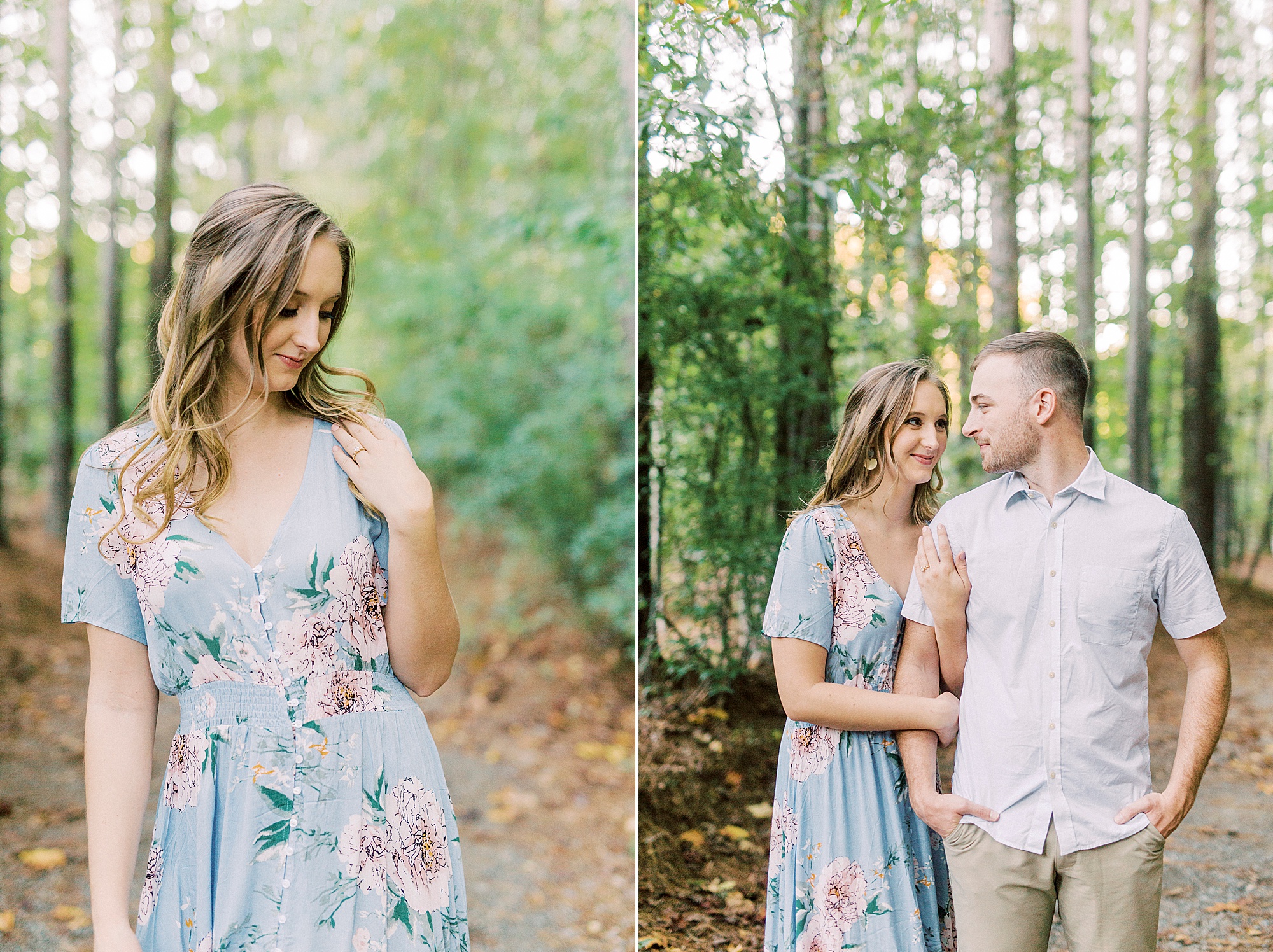 couple walks together on path with bride showing off engagement ring