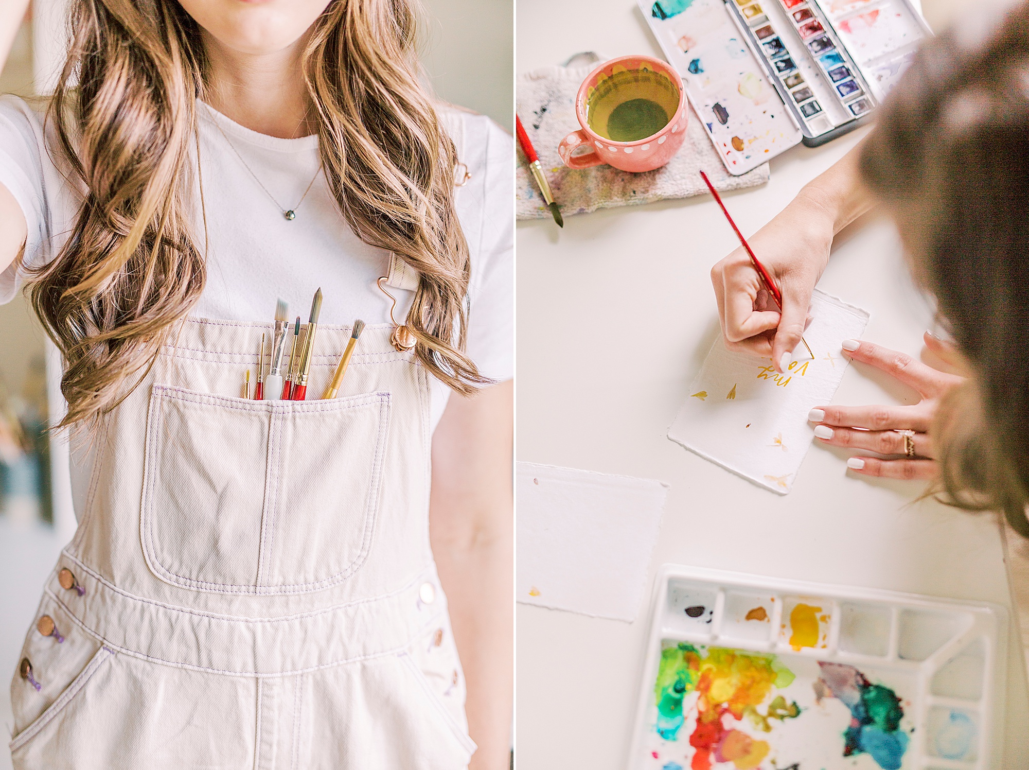 artist holds paint brushes in overalls during Charlotte branding session