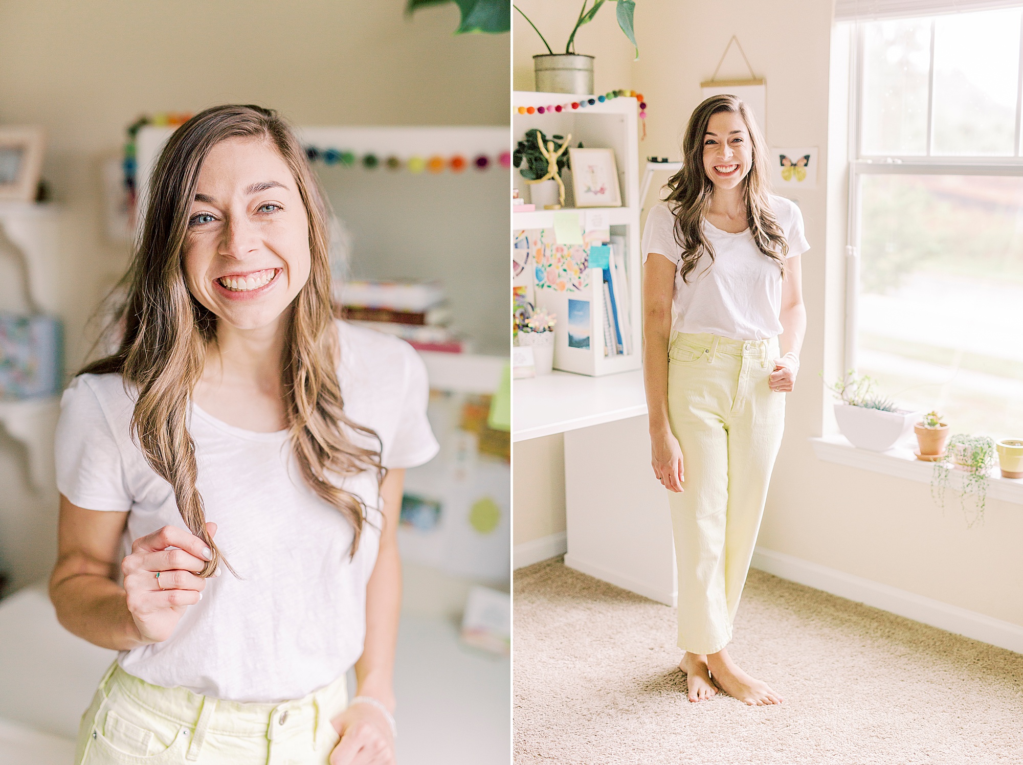 artist leans against desk during branding photos at home in Charlotte