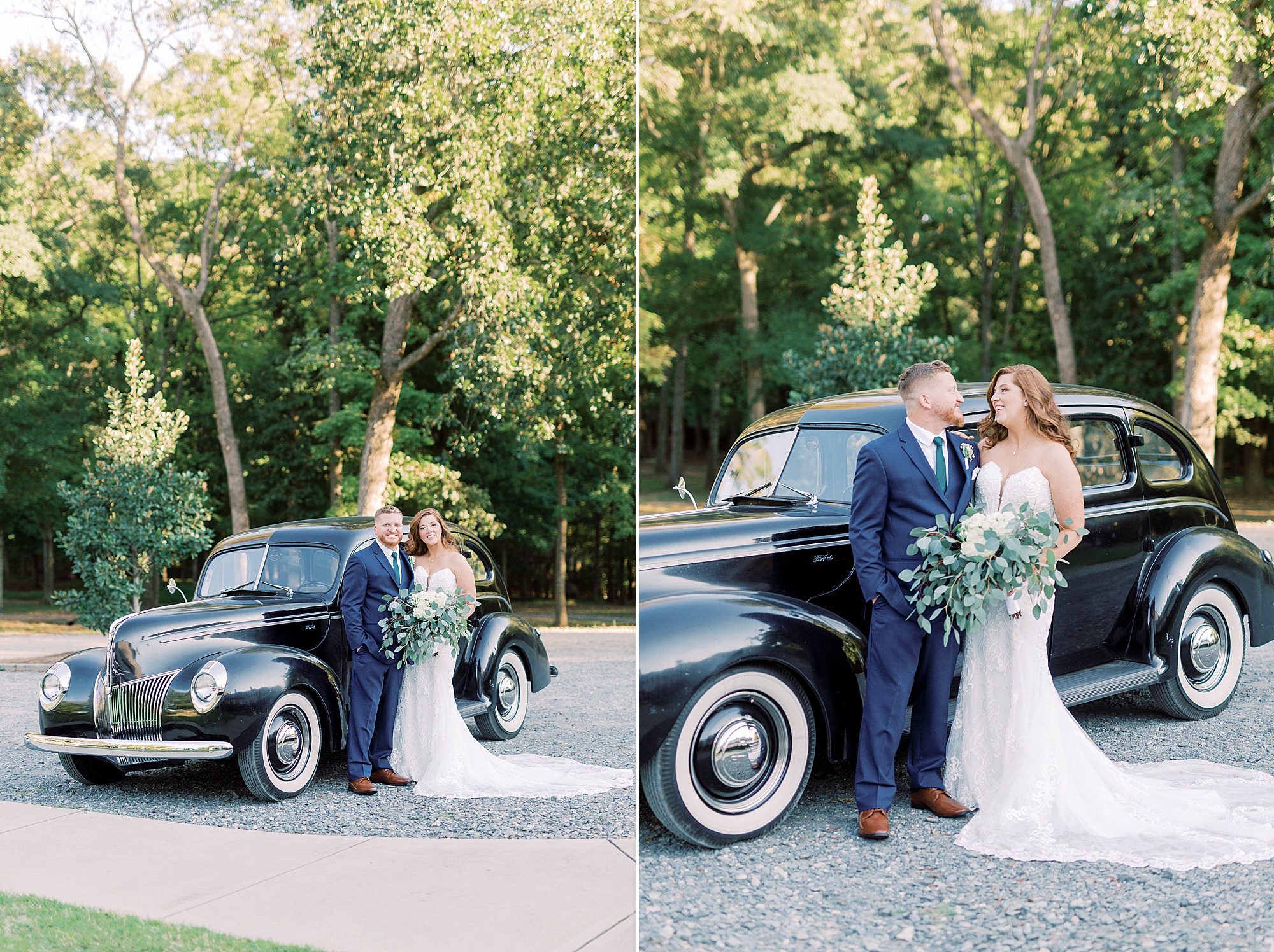 husband and wife pose by classic car in Fort Mill Sc